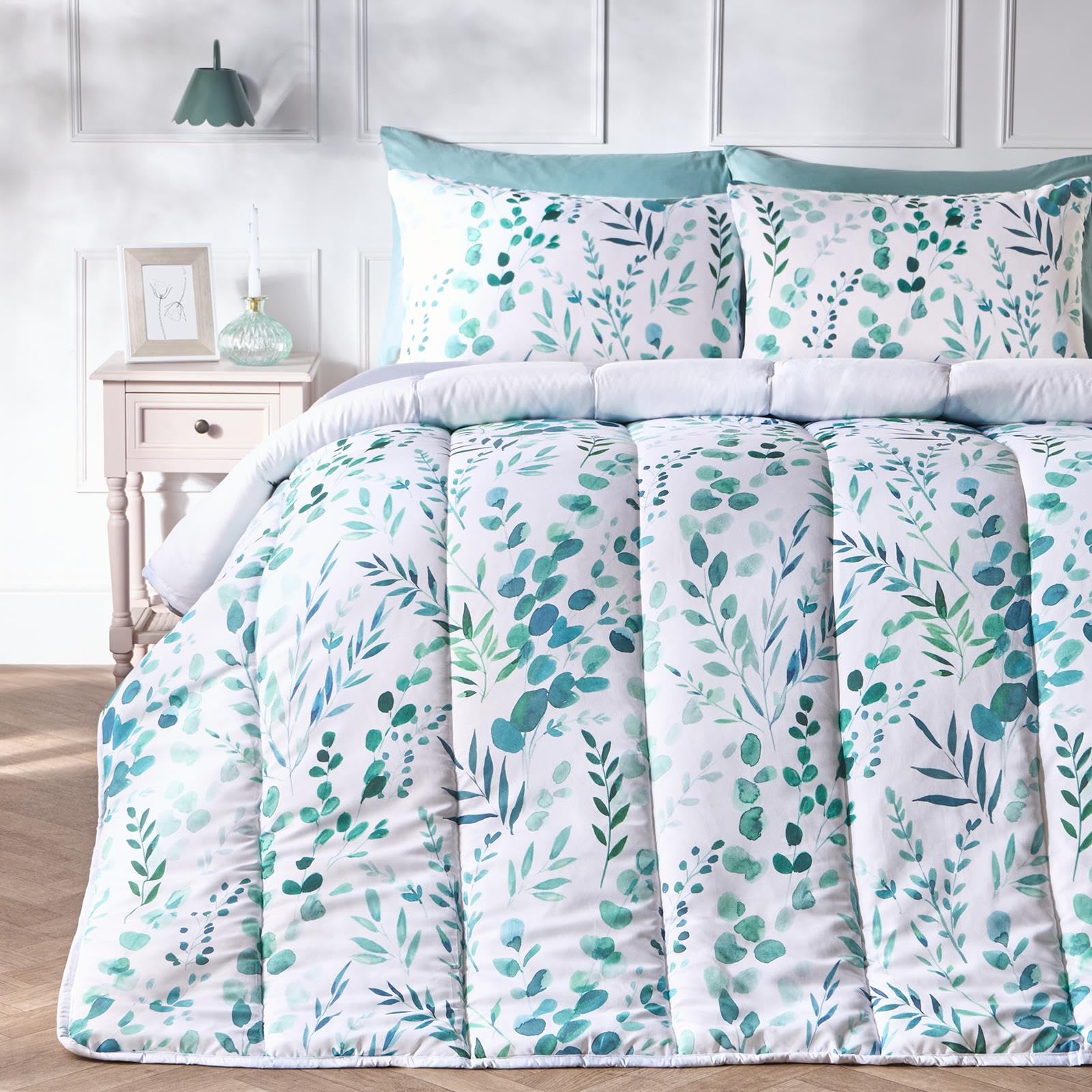 OHS Floral Coverless Duvet Double, 10.5 Tog Reversible Washable Coverless Duvet Soft Comfy Microfibre Summer Winter Camping Blanket Quilt Double Duvets with Pillowcase, Sage/White — image 1