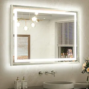 TETOTE 40 x 30 Bathroom Mirror Brushed Bright Nickel Metal Frame Frontlit & Backlit Vanity Mirror 3 Colors White/Warm/Natural Stepless Dimmable Anti-Fog Bathroom Mirrors for Vanity Wall-Mounted