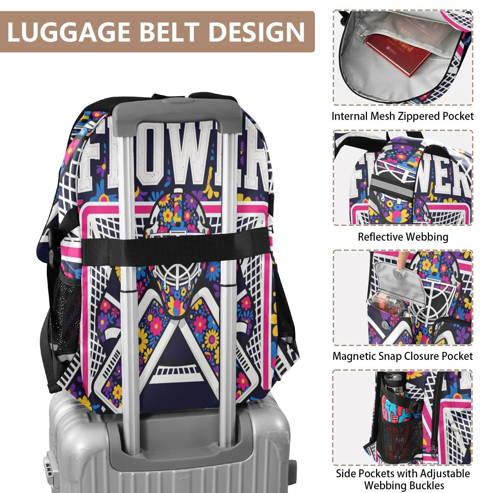 Grande zaino da viaggio Flower 29 colorato hockey portiere College borsa da lavoro 44,5 cm
