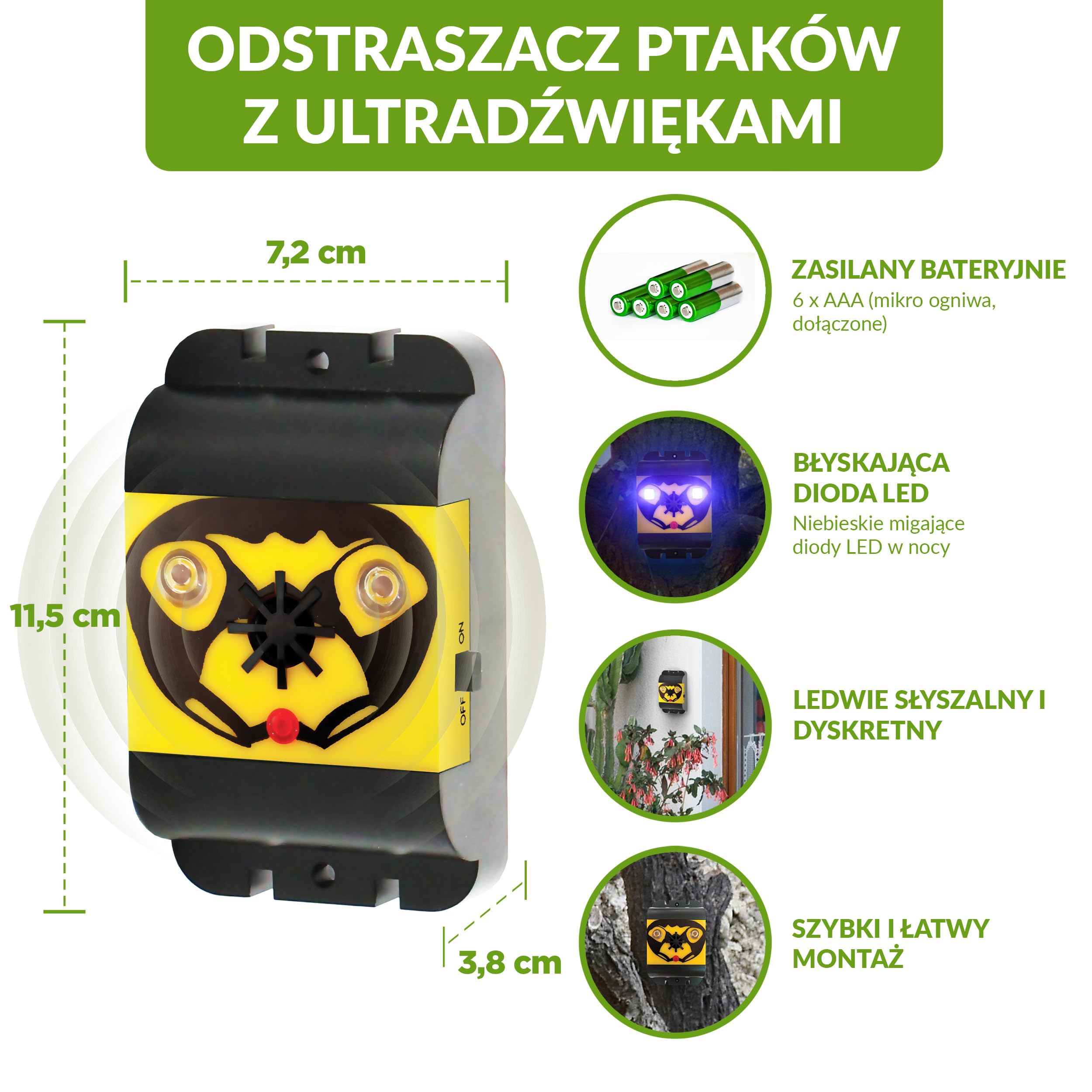 ISOTRONIC Odstraszacz ptaków i gołębi – Ultradźwięki i lampa błyskowa – Bateryjny – Na balkon i do ogrodu – Skuteczna ochrona przed ptactwem – Zasięg 40 m² (2 sztuki)