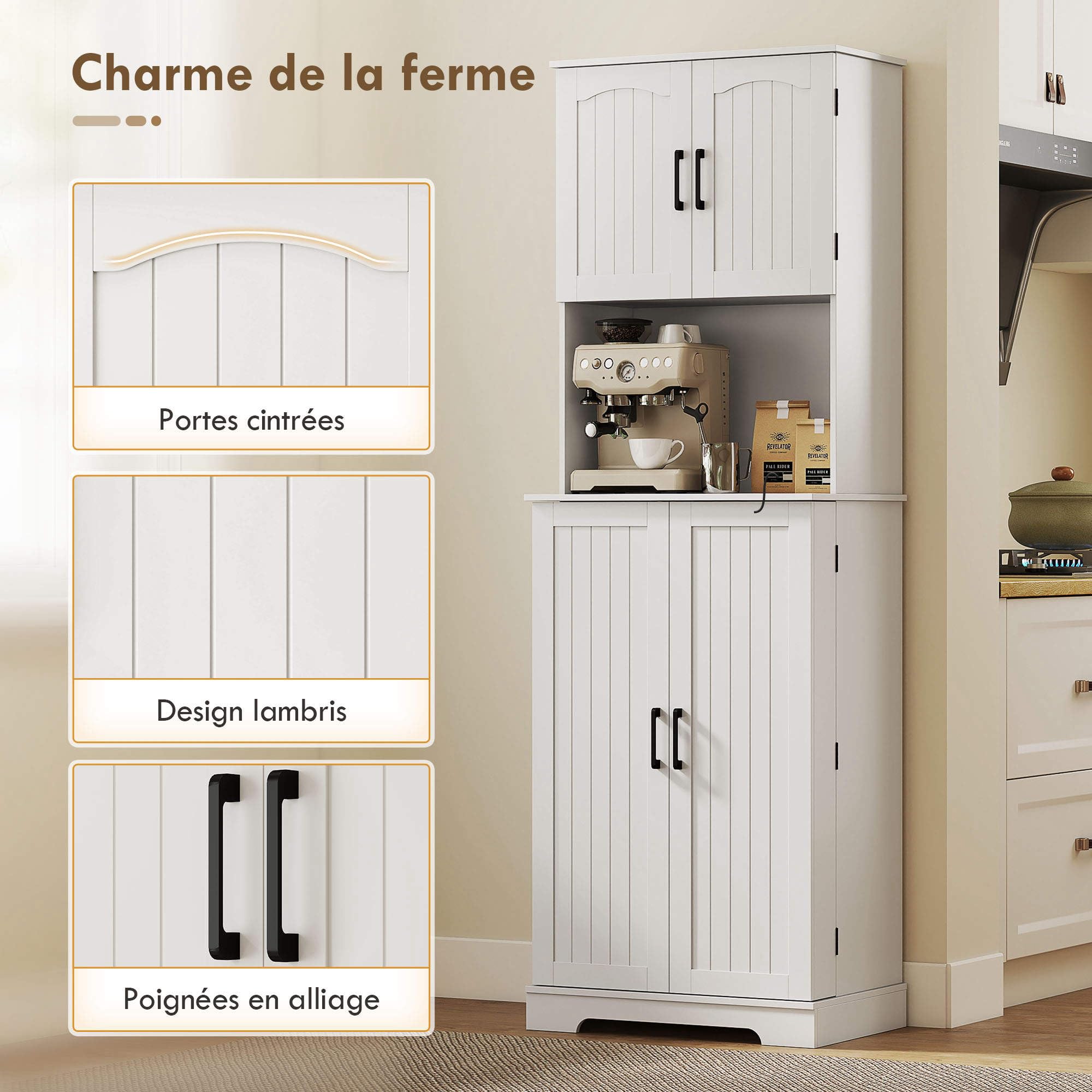 HOMCOM Buffet Haut Cuisine, Armoire de Cuisine, vaisselier, 4 Portes, Plan de Travail, 8 Porte-épices et étagères réglables, Meuble de Rangement pour Salon, Salle à Manger, 60 x 40 x 181,5 cm, Blanc