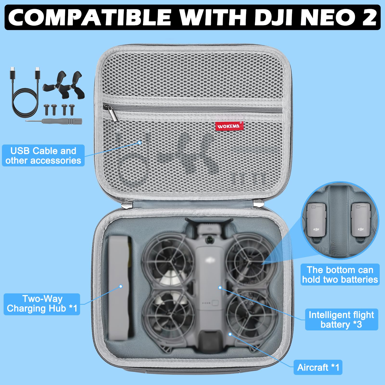 Custodia per DJI Neo 2 con Tracolla Staccabile, Borsa di Stoccaggio da Viaggio, Compatibile con Drone, Batterie, Hub di Ricarica Bidirezionale e Altri Piccoli Accessori – Grigio (Materiale PU)