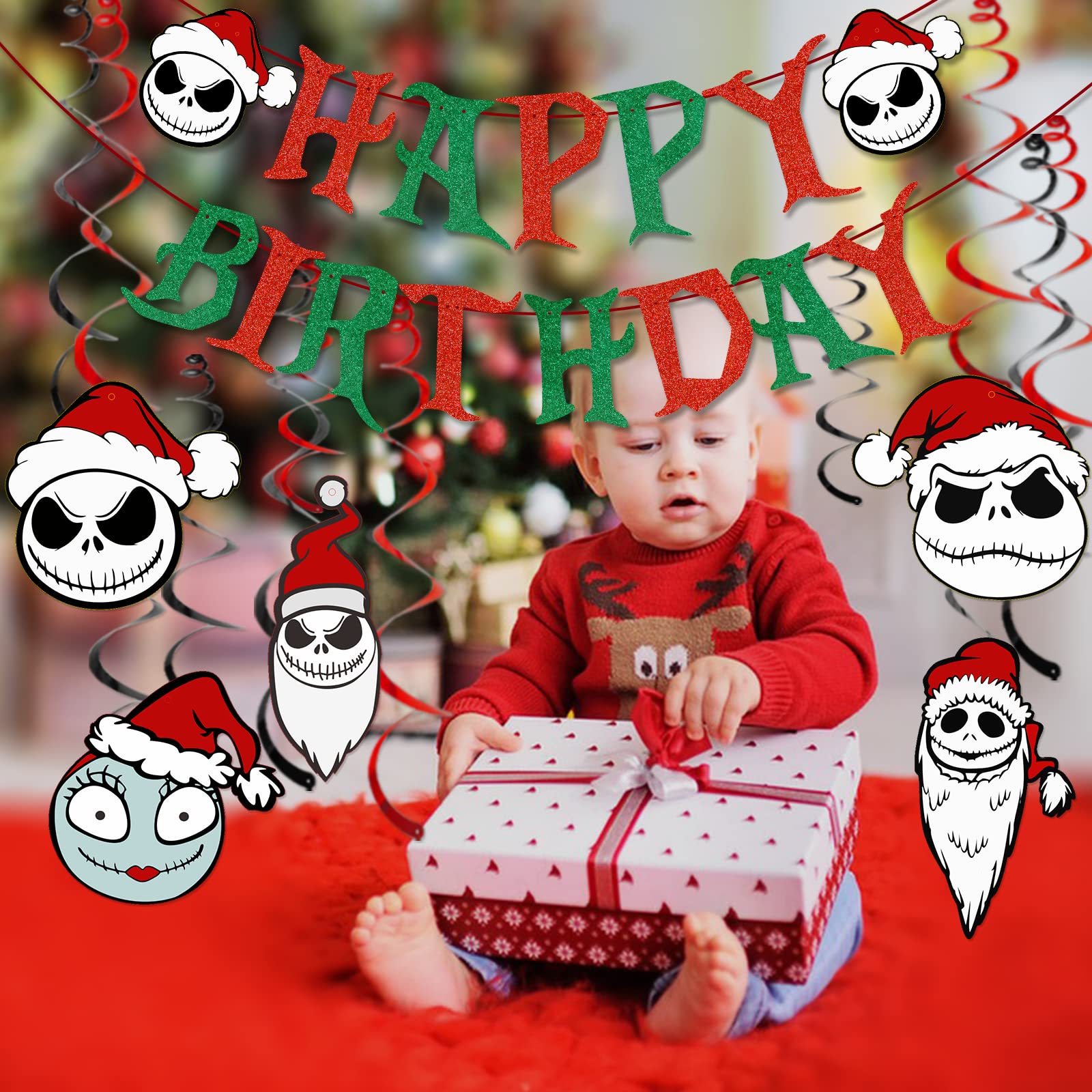 Nightmare Before Christmas Geburtstags-Banner – Rot/grün Glitzernd, Für Weihnachtsgeburtstagsparty