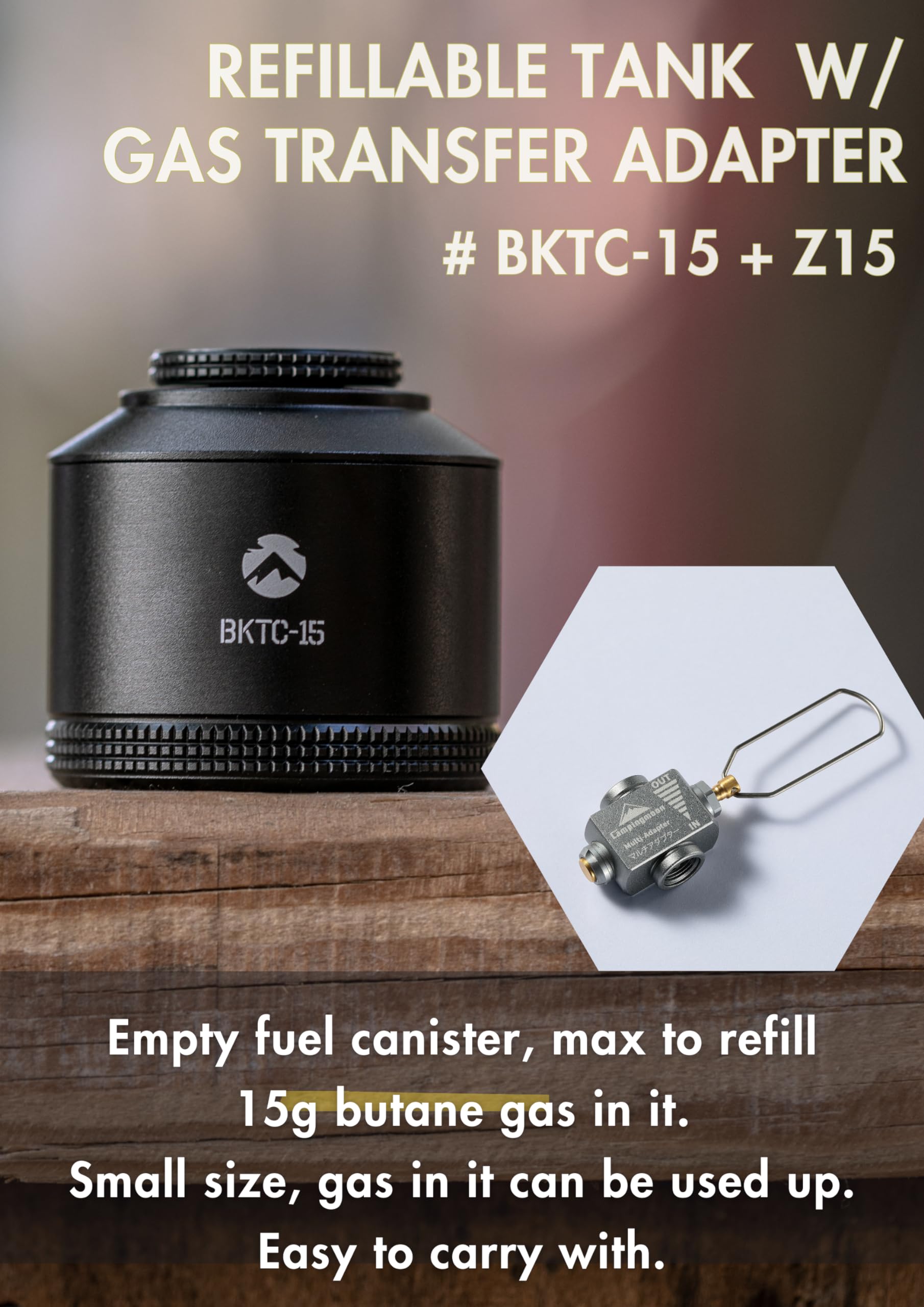 CAMPINGMOON Refillable Gas Canister Empty Pocket Tank for Gas Lantern Backpacking Camping 15g w/ Gas Transfer Adapter Z15 Black BKTC-15/Z15