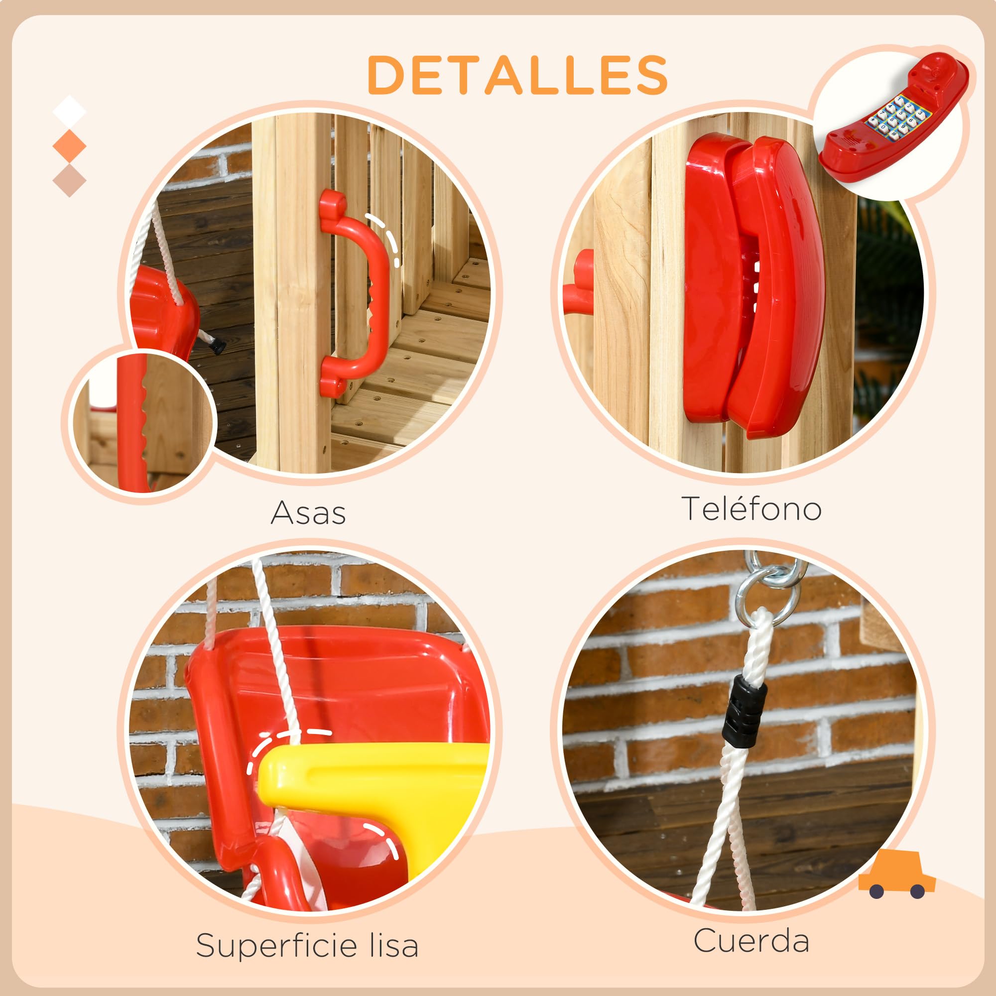 Outsunny Juego de Tobogán y Columpio para Niños de 18-48 Meses 4 en 1 Parque Infantil de Madera con Columpio Tobogán Volante Bocina Teléfono para Patio Césped 170x200x118 cm Rojo y Natural