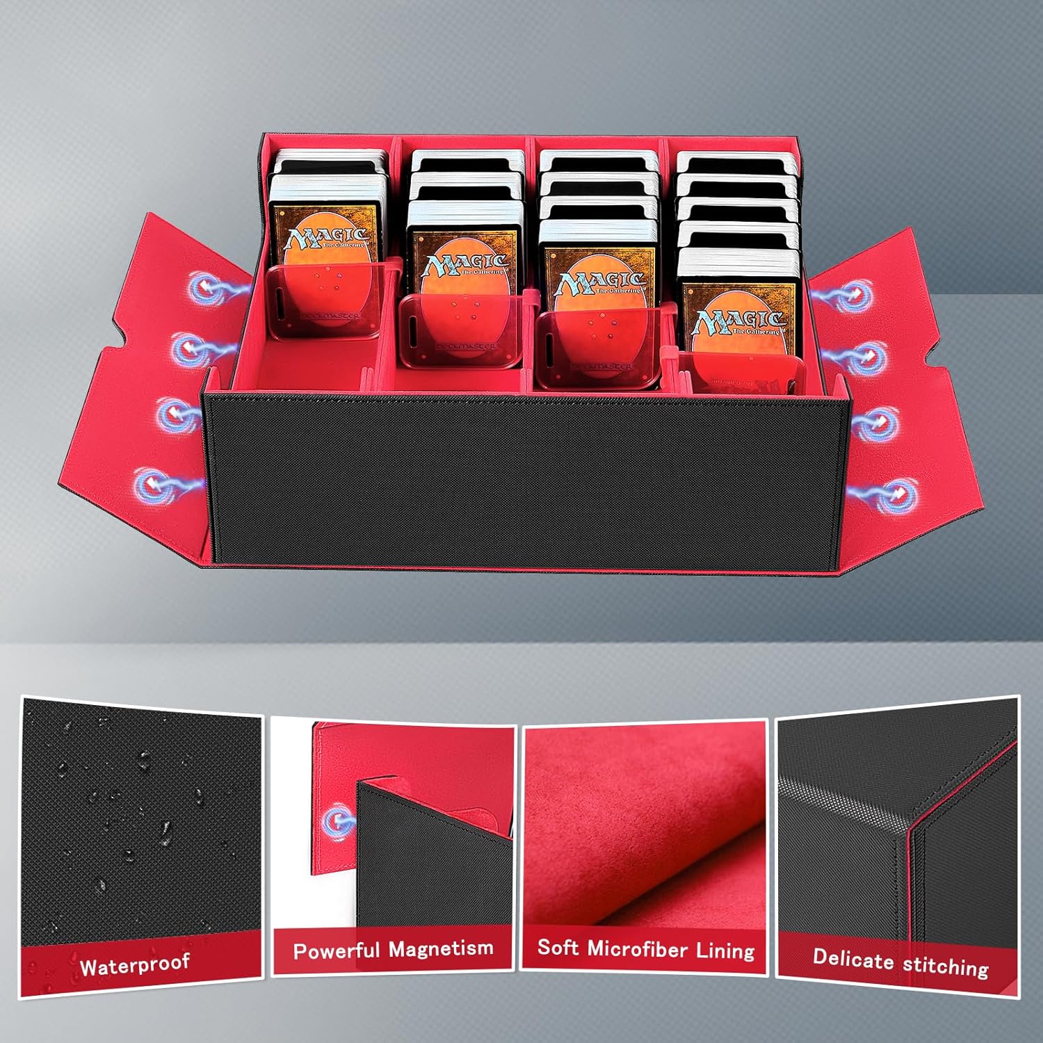 Trading Card Storage Box, 3000+ MTG Deck Box with 24 Dividers & 6 Card Supporters, Commander Card Deck Case Fits for Magic Game Cards, YugiOh, TCG, PTG and Sport Cards(Black Red)