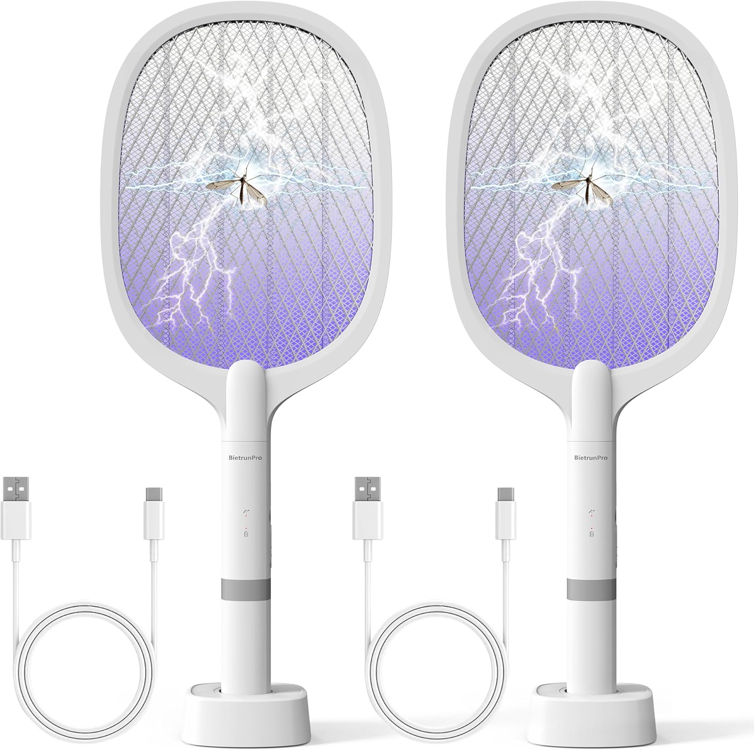 Fly Swatter Electric(2 Pack), USB-C Rechargeable Electric Mosquito Racket, Portable Handheld Cordless Electric Bug Zapper Indoor Racket to Kill Mosquitoes, Wasps, Gnats, Flies, Bugs, with Stand