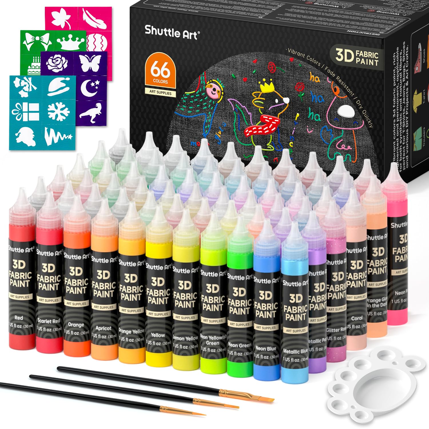 66 Colors Fabric Paint, Shuttle Art 3D Fabric Paint with Stencil and Brushes, Permanent Textile Paint Includes Neon, Metallic, Glitter and Glow in the Dark Paint, Ideal for Clothing and DIY Decoration