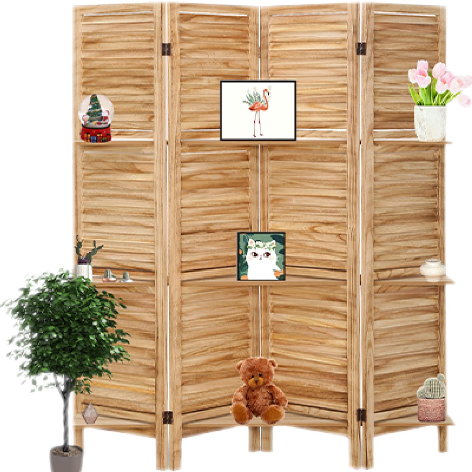 4 Panel Room Divider with Shelves, Room Dividers and Folding Privacy Screens, Folding Room Dividers 4 Panel, Wood Room Divider with 3 Display Shelves