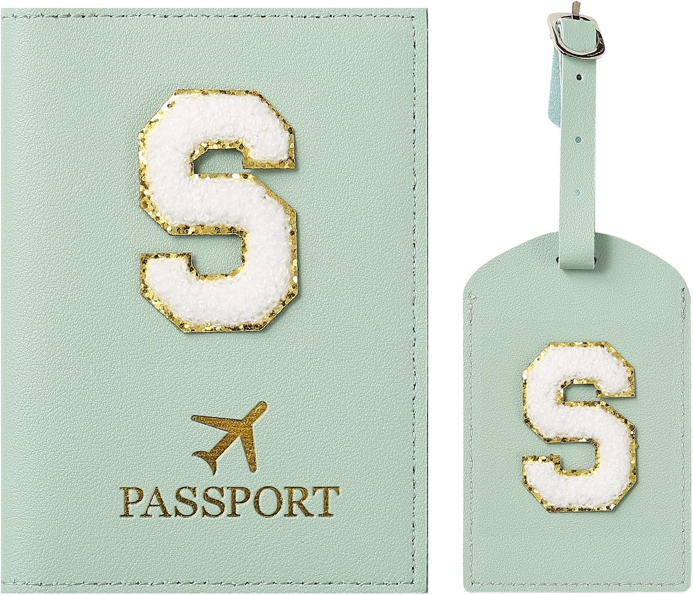 ZVRSUA Protege Passeport Vert et Etiquette Valise Costume，Pochette Passeport avec Lettre, Cuir PU, Cadeaux Femme Voyage Accessoires, Très Mignons, Adaptés aux Femmes，Mâle, Adolescent, Filles (Vert S)