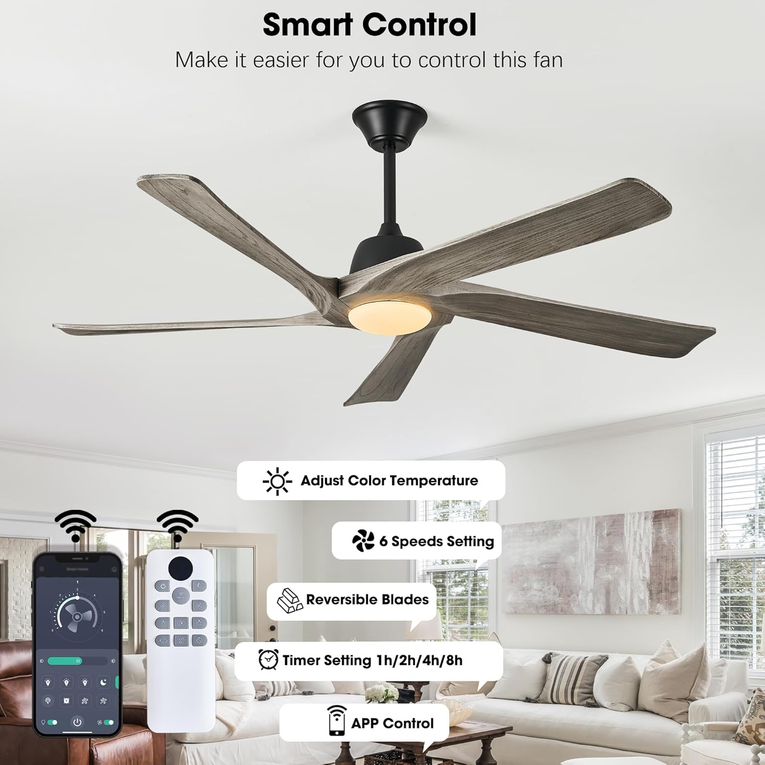60" Solid Wood Ceiling Fan with Lights, Remote and APP Control, 3-color Dimmable LED, 6-speed Reversible, Modern Ceiling Fans for Bedroom, Living Room, Outdoor/Indoor, Greywood