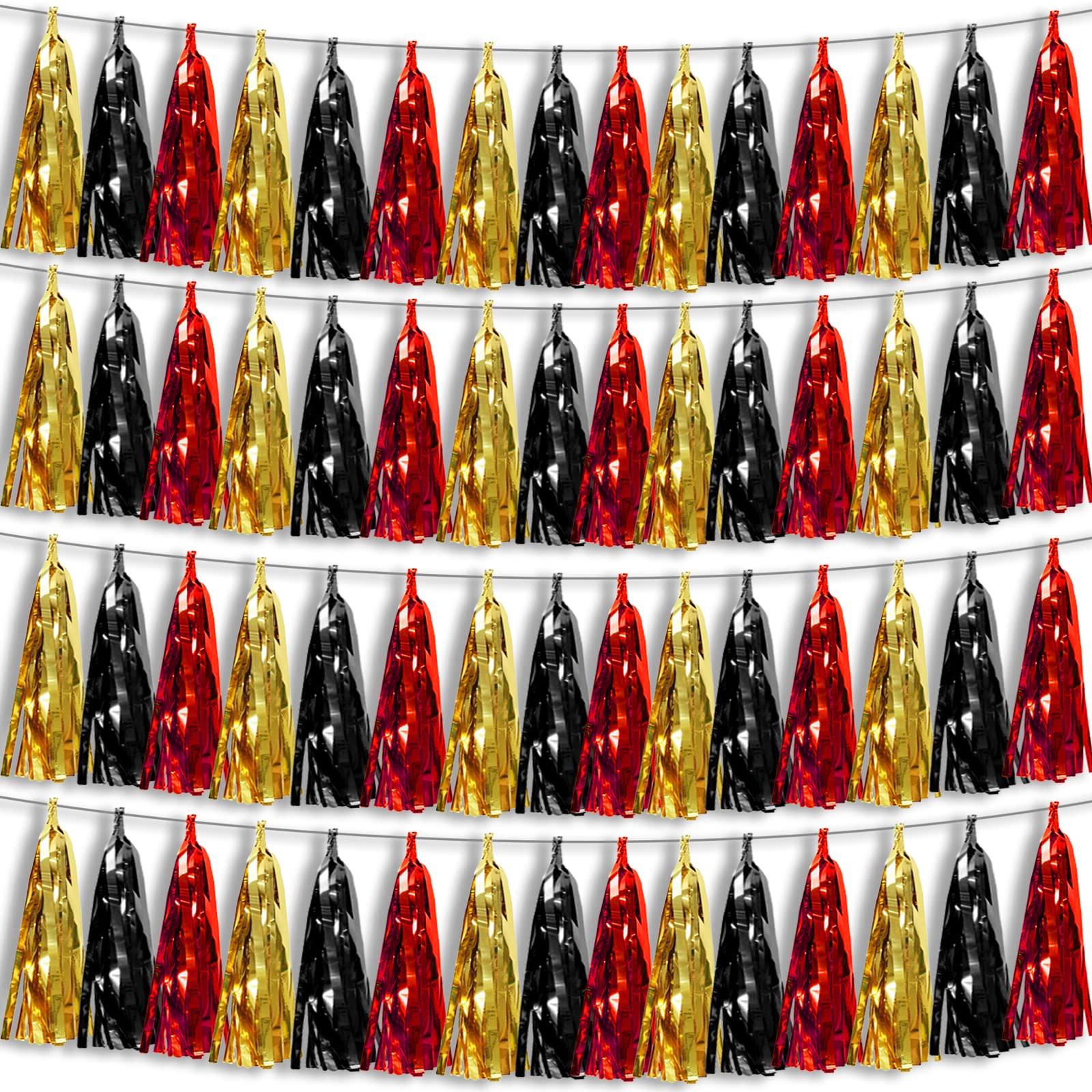4P Black-Red Gold Foil Fringe Metallic Tassel Garland, Tassels Banner Streamers for Parade Floats, Bachelorette, Wedding, Birthday, Halloween, Christmas, Bridal/Baby Shower Party Decorations