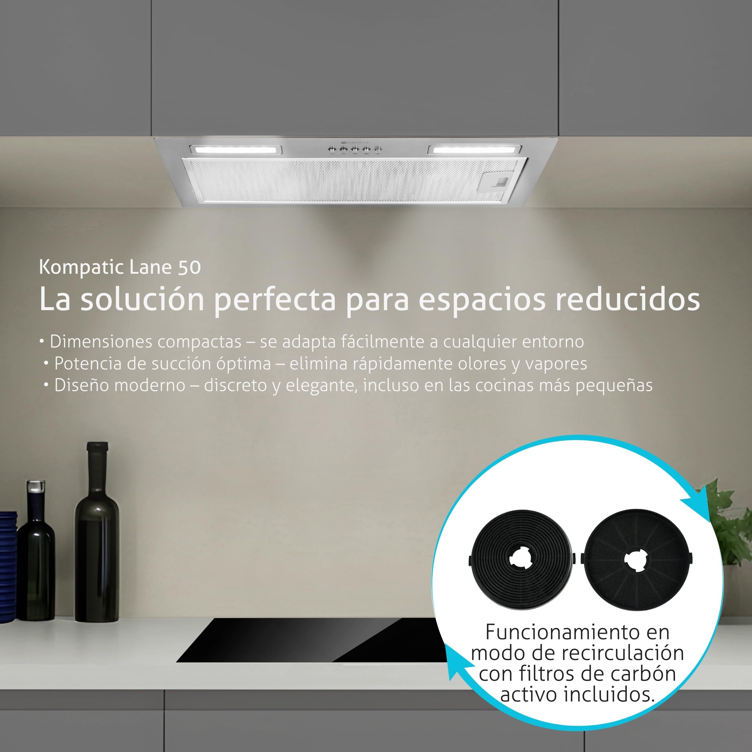 Lane 50 KLN50SI Campana Extractora Encastrable 50cm, A+++, 450 m³/h, Con Filtro de Carbón KCF4, Temporizador, Control electrónico, Iluminación LED, 3 velocidades + boost, Acero Inoxidable