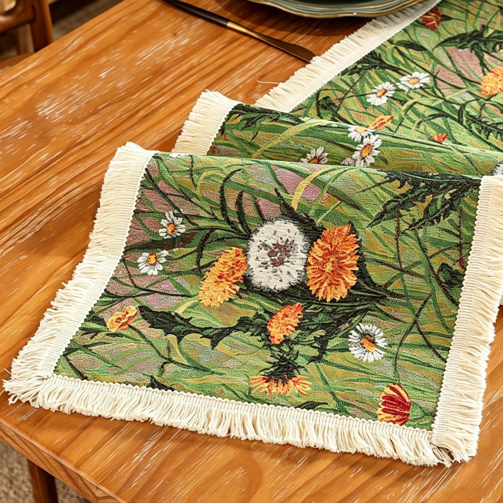 Floral-patterned Table Runner,Woven Tablecloth with Tassels,Farmhouse-style Decor Suitable for Dining Rooms, Sideboards, Kitchens, and Parties.(Green,L300cm/118.1in)