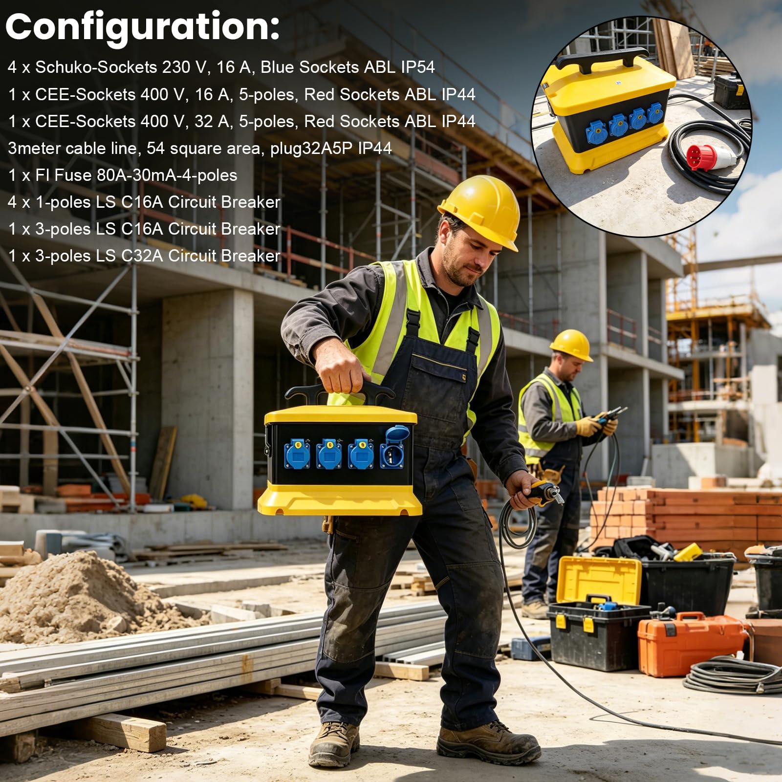 Coffret de Chantier, Coffret Electrique Etanche Exterieur Boîtier Étanche IP65 avec 3m Câble Montage Mural 4 Prises Schuko 230V 2 Prises CEE 16A 32A à 5 Broches pour Chantiers Ateliers