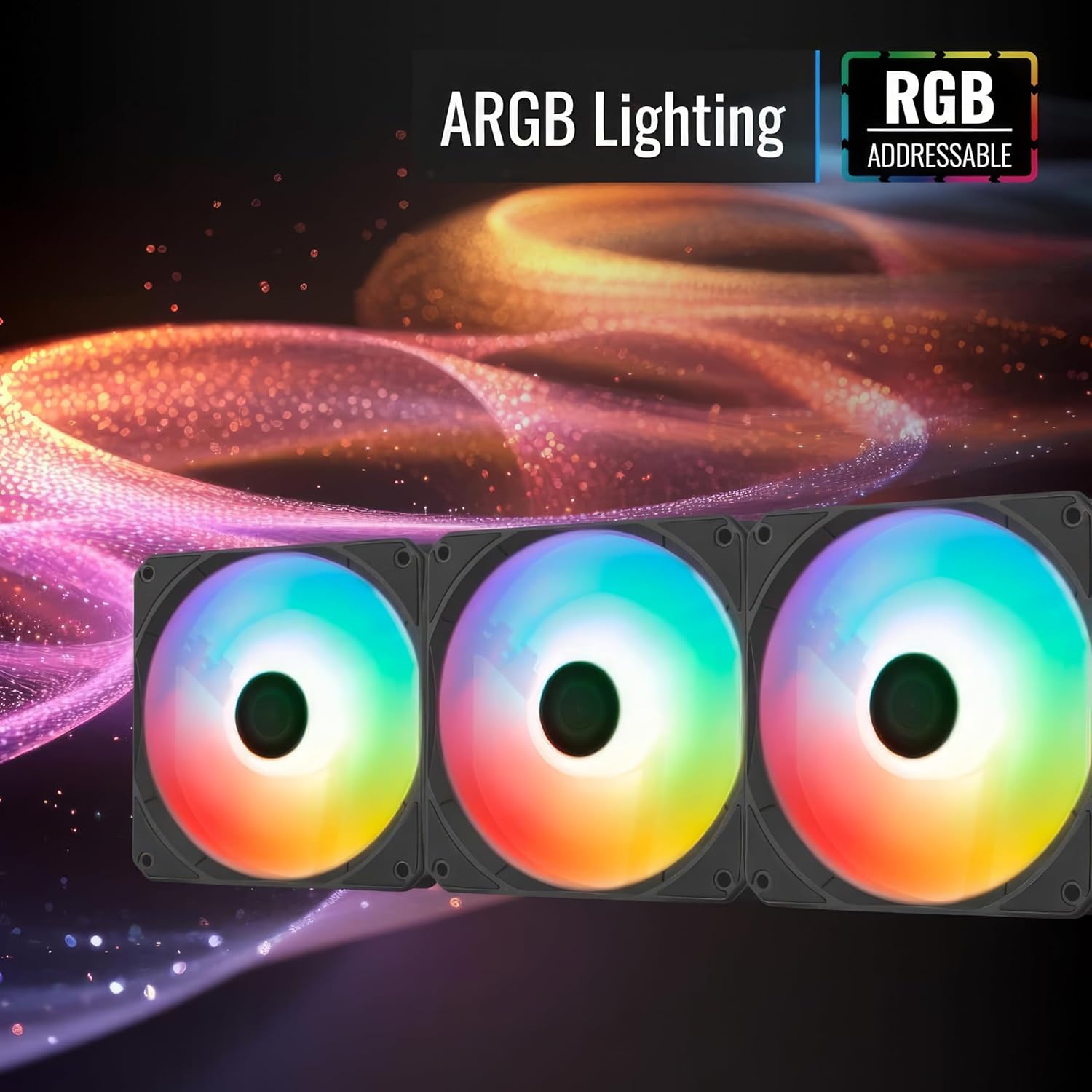Three AeroCool Link ARGB fans displaying various colors