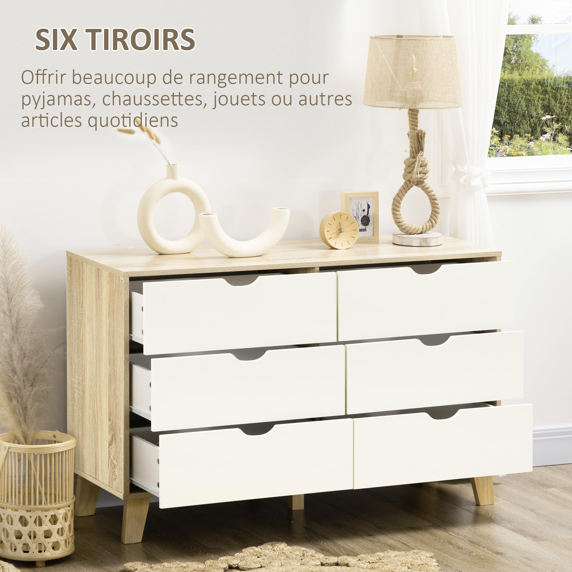 HOMCOM Commode 6 tiroirs Commode Chambre Meuble de Rangement Style scandinave avec Pieds en Bois, pour Chambre à Coucher, Salon, 120 x 40 x 76 cm, Aspect Bois et Blanc
