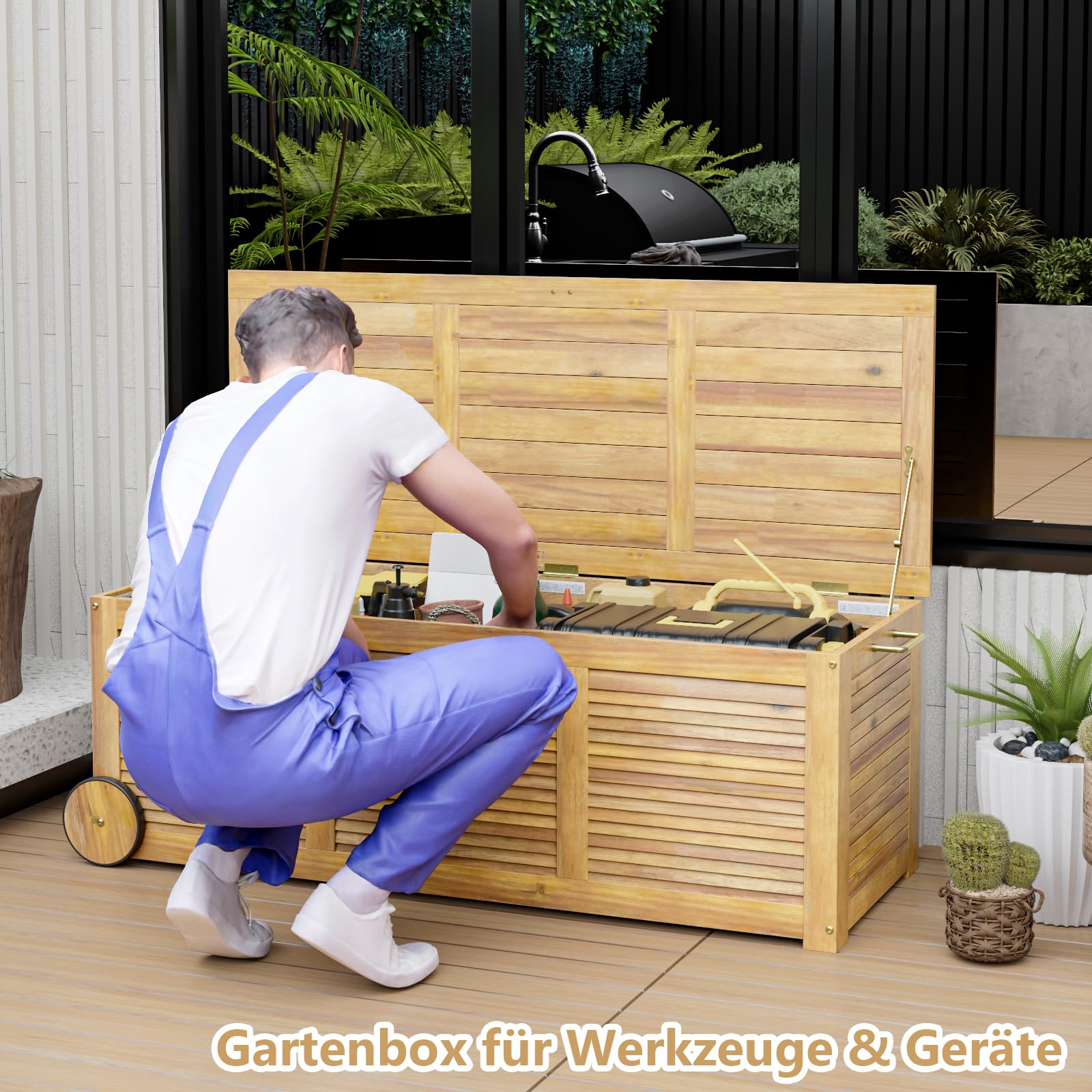 GIANTEX Gartenbox Holz Auflagenbox Gartentruhe Kissenbox Holzbox Garten | Wetterfest mit Abdeck- & Innenplane, Mobil mit Rollen & Griff, Aufbewahrungsbox Garten, Holztruhe Outdoor, für Gartenauflagen