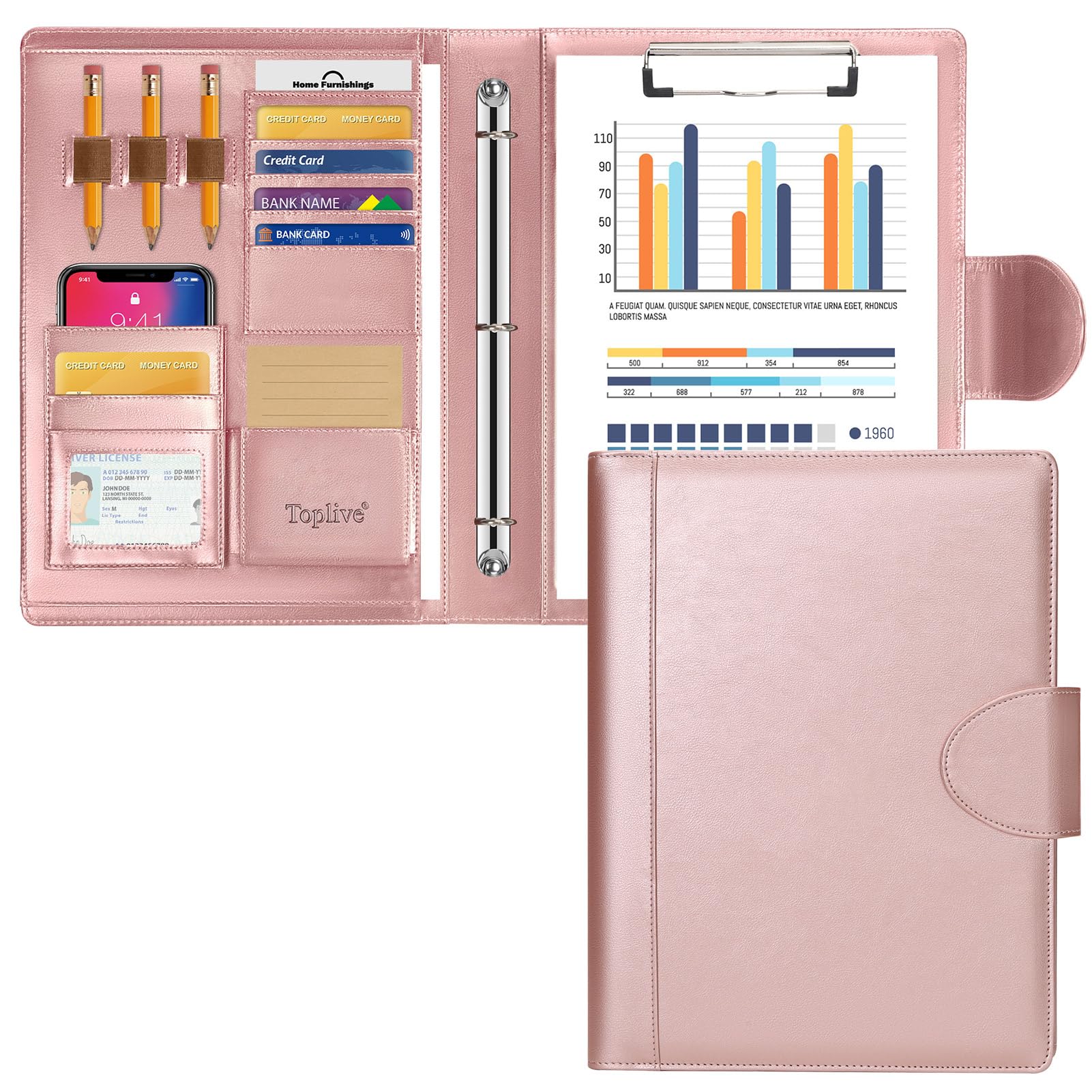 Toplive Portfolio 3 Ring Binder Padfolio Folder, Business Interview Resume Portfolio for Women Men A4/Letter Size Document Organizer with Clipboard