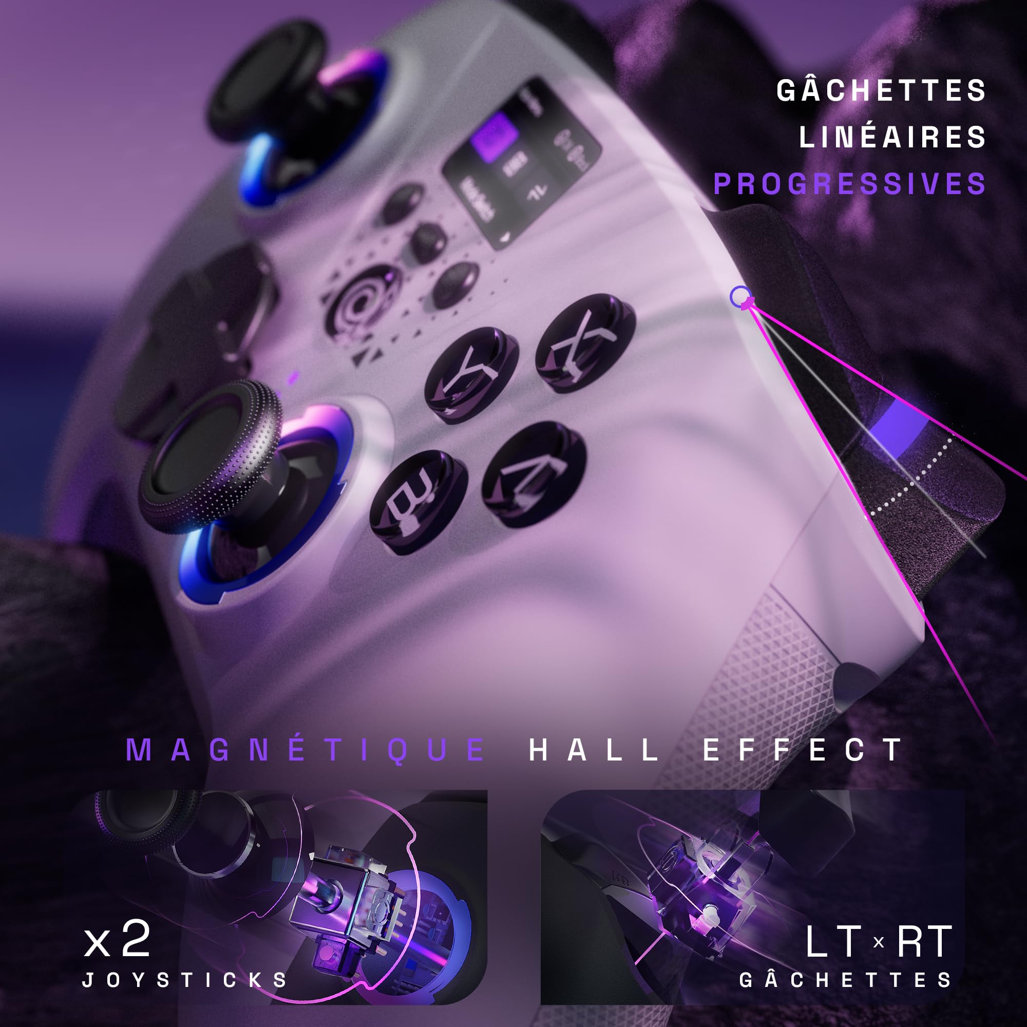 Oniverse Manette sans fil pour Switch 2/Switch/OLED/Lite/PC/Mobile, Écran intégré, Joysticks et gâchettes Hall Effect, 11h, Tactile switch D-pad, Boutons macro arrière mécaniques - Aura (White)