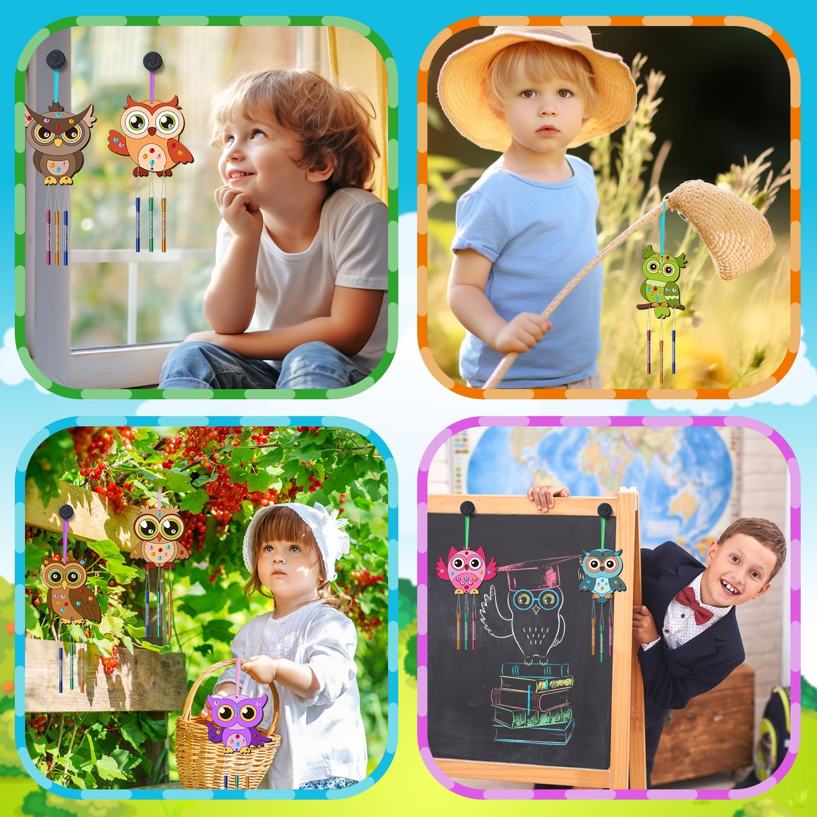 Set di 16 scacciapensieri per bambini, gufo in legno, per San Valentino, fai da te, in legno, per esterni, da appendere con diamanti adesivi, artigianato, regali di compleanno