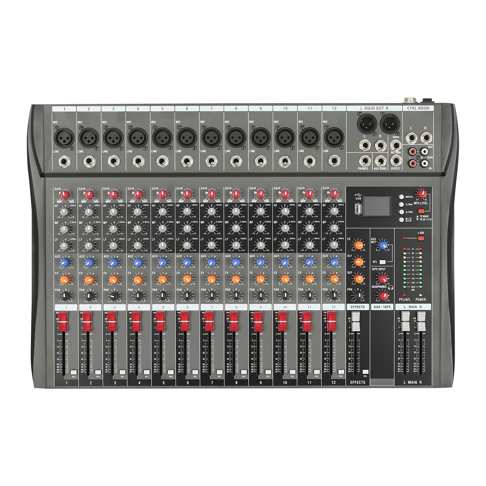 Console mixer audio USB professionale a 12 canali con connessione Bluetooth, alimentazione phantom 48V e equalizzatore a tre bande per musica ed eventi