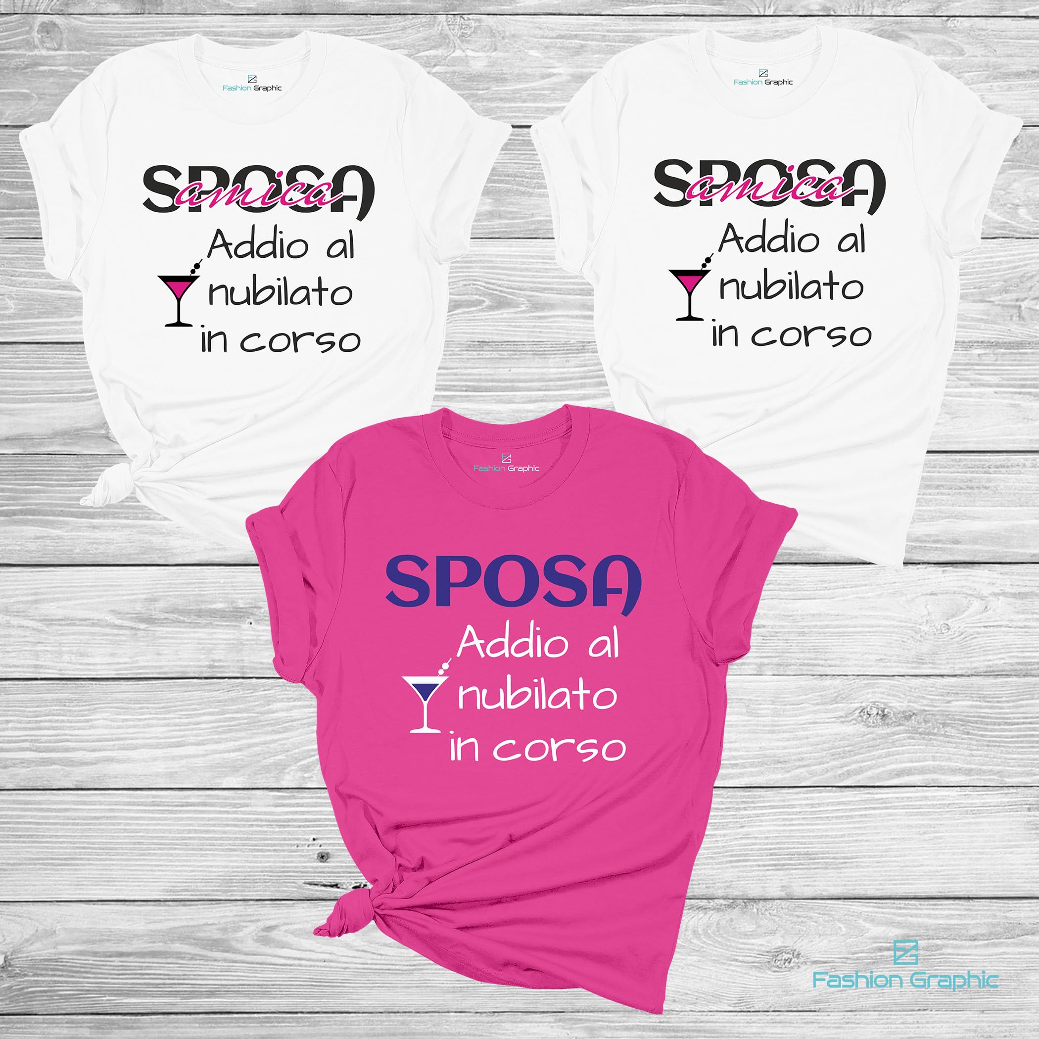 Fashion Graphic Set Magliette t-Shirt Donna Team Bride Sposa per Festa Addio al Nubilato, Amiche Sposa Tshirt Donna Cotone Addio al Nubilato Gadget (Fucsia/Bianco)