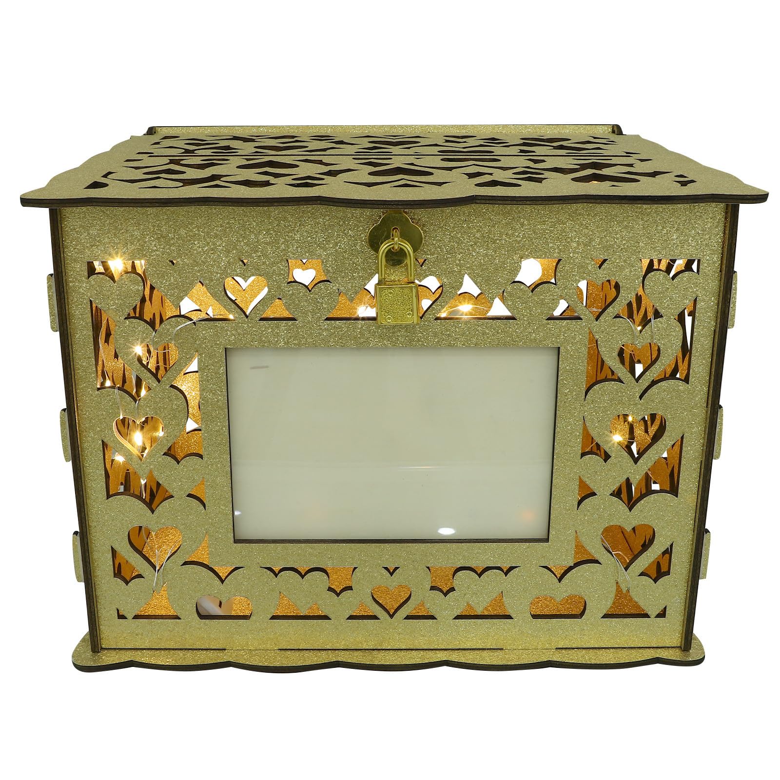 Elegante Holzkartenbox in Gold mit LED Lichterkette Multifunktionale Hochzeitsgeldkasse und Dekoration für Hochzeitsempfang und Party