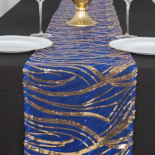 Miniatura 4 de Efavormart - Camino de mesa de malla de 12 x 108 pulgadas, color azul rey y dorado con lentejuelas bordadas