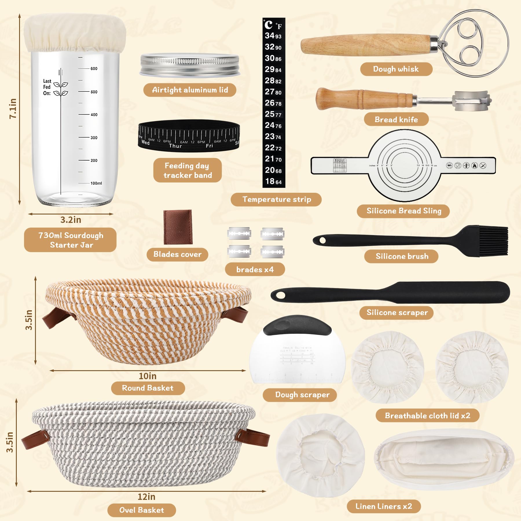 Kit de démarrage de 21 pièces pour paniers de fermentation du pain, panier banneton rond de 25,4 cm et ovale de 30,5 cm en corde de coton avec kit de bocal de levain, doublures et couvercles, outils