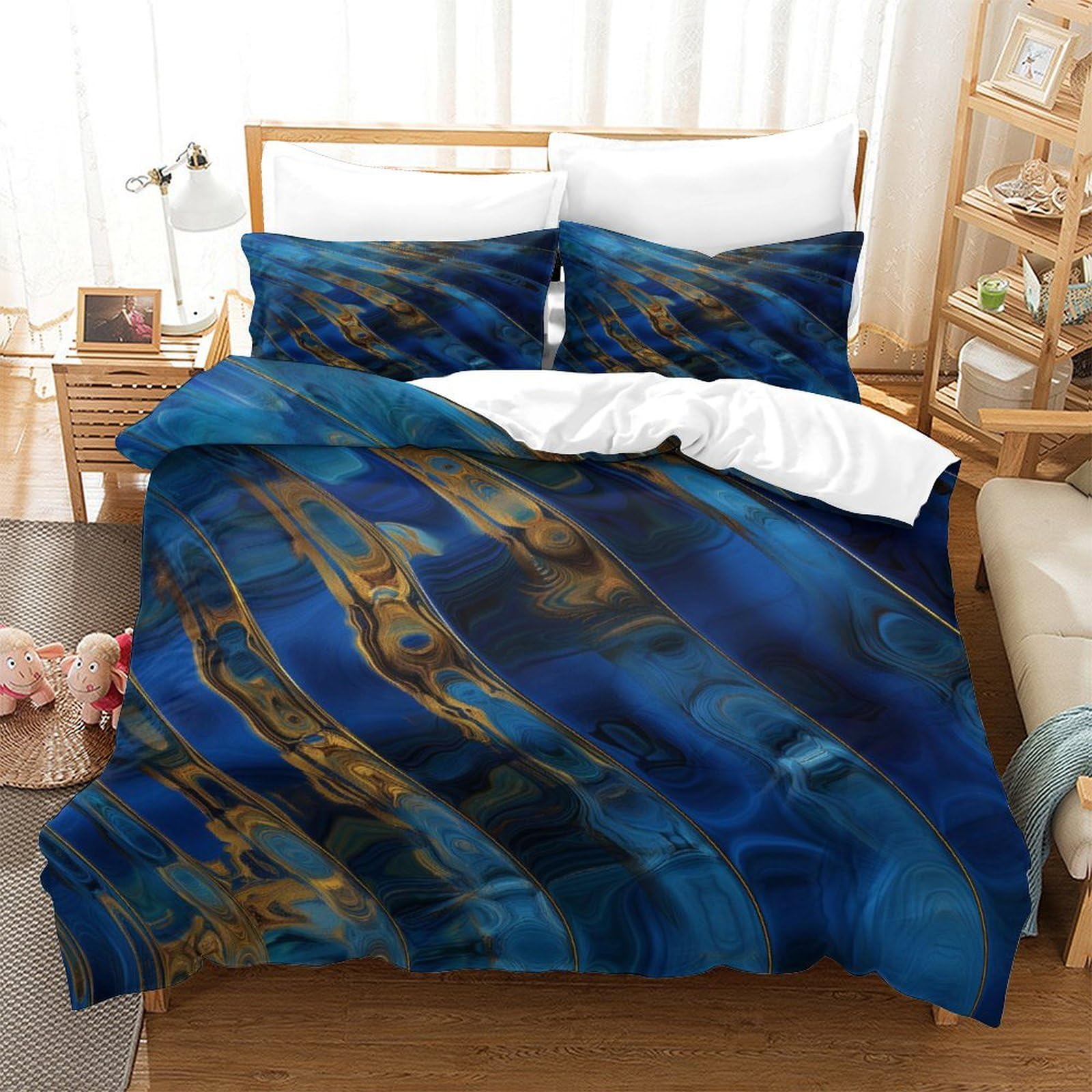 3D Printed Blue Gold Abstract 3pcs Duvet Cover Set Microfiber Art Bedding Set King（220x240cm）