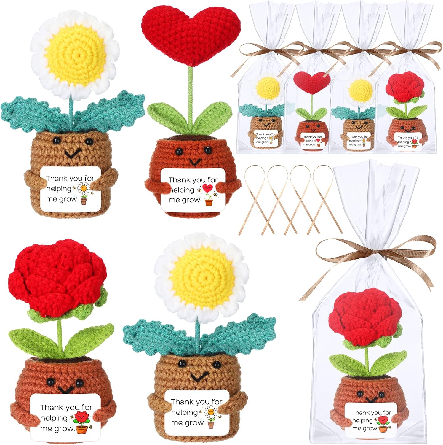 Leinuosen 4 Pcs Teacher Thank You for Helping Me Grow Gifts Positive Knit Pot Crochet Sunflower Thank You Handmade Gift with Ribbon Bag for Teacher Leader Mother Father Boss Manager(Cute)