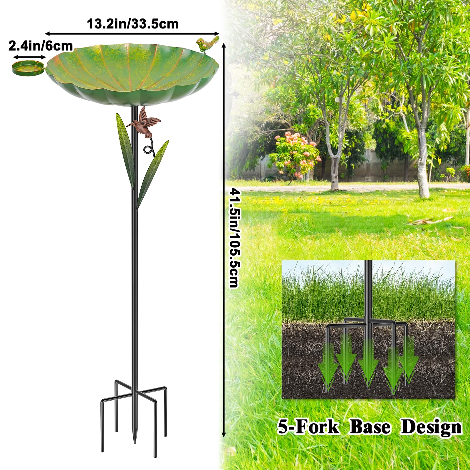 Baño de metal para pájaros para exteriores, base desmontable resistente de 5 puntas con cuenco y pájaros decorativos, comedero de hierro duradero para jardín, patio, decoración de patio (verde