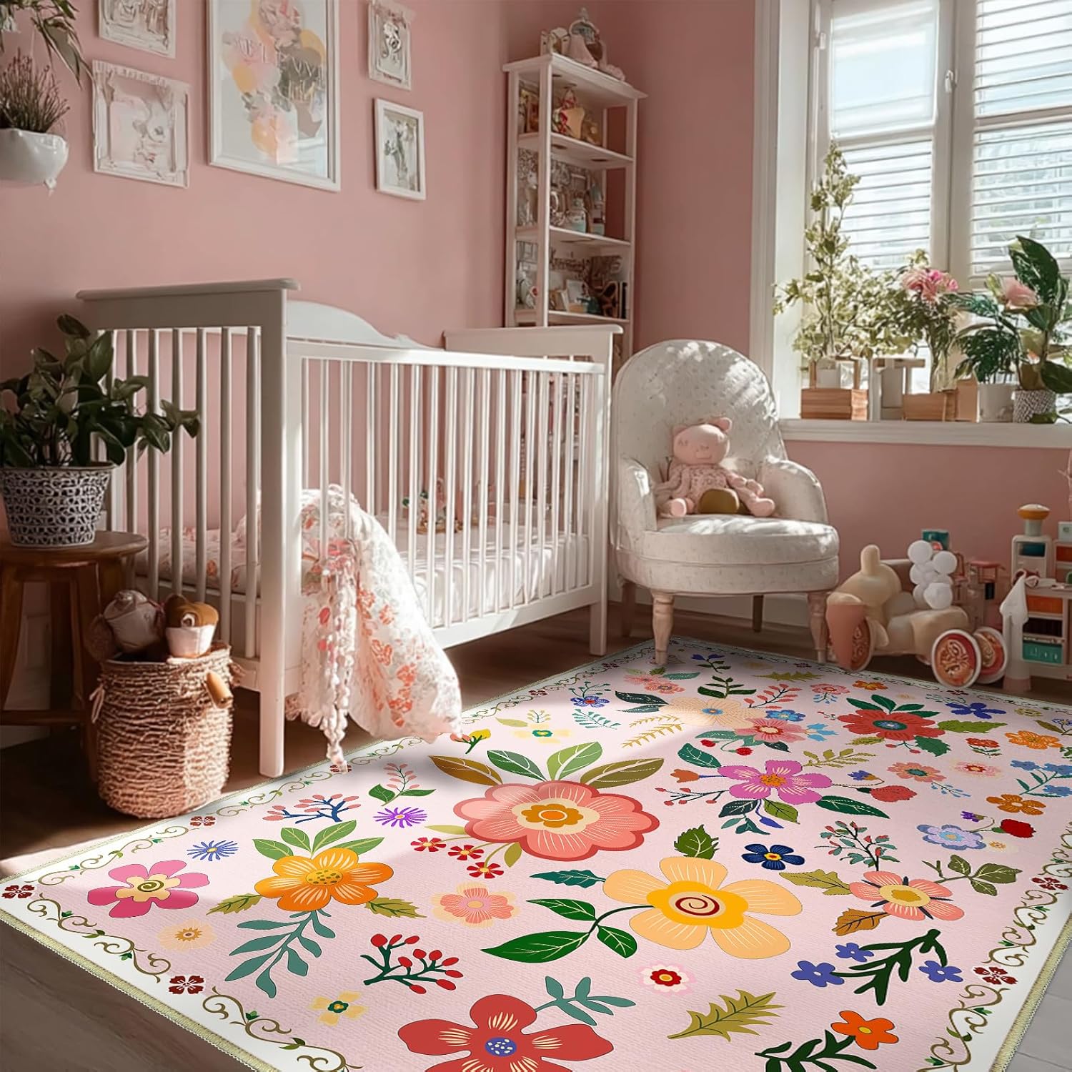3x5 Feet Floral Area Rug Non-Slip Low Pile Soft Washable Pink Rug for Girls' Rooms, Nursery, Kids Room, Entryway – Lightweight Easy Clean Modern Decorative Carpet