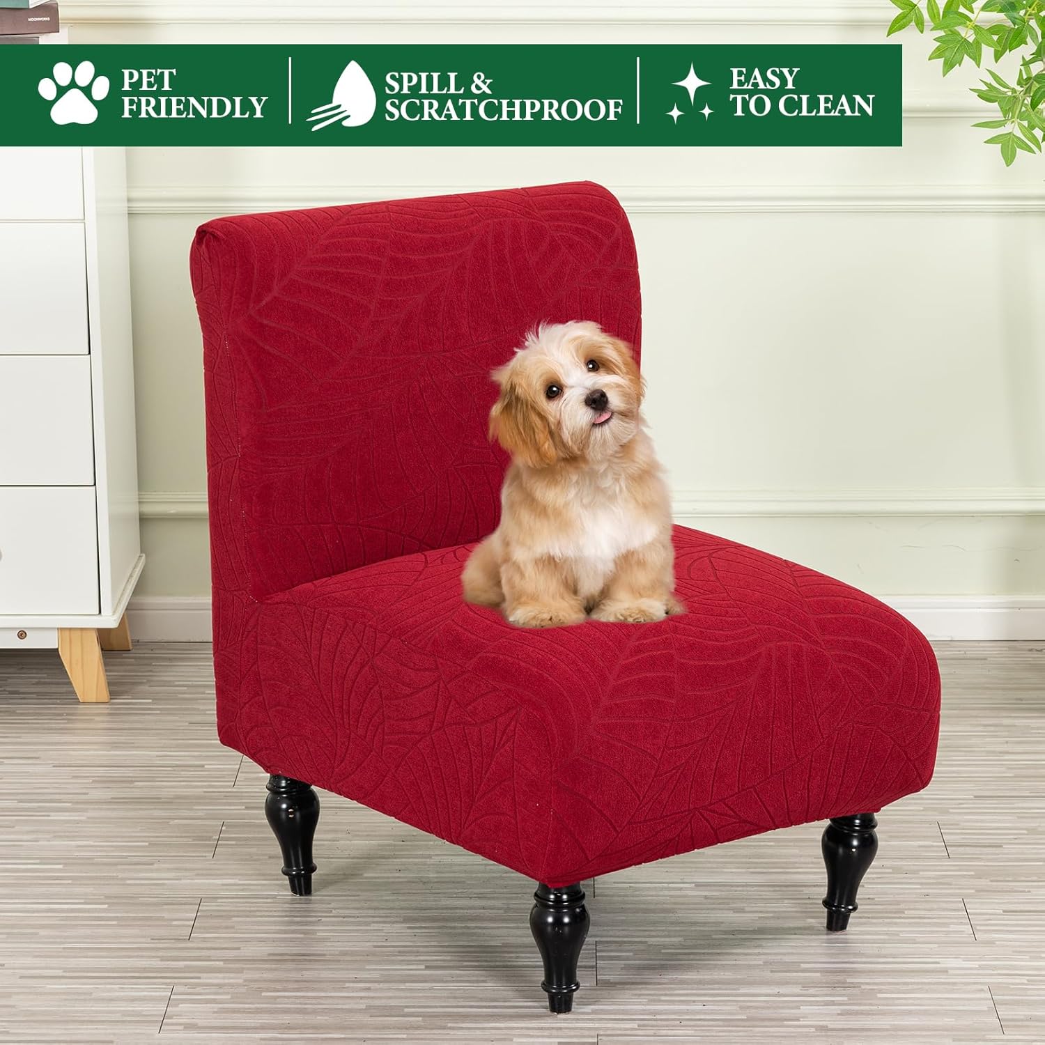 Armless Accent Chair Cover Stretch Leaf Jacquard Chair Covers for Living Room Armless Slipper Chair Slipcover Chair Furniture Protector Covers (Wine Red, 2PCS)