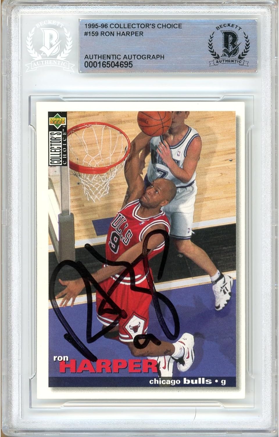Ron Harper Autographed 1995 1996 Upper Deck Collectors Choice #159 Basketball Trading Card Slab Beckett BAS Authentic Slabbed COA Played For Chicago Bulls NBA