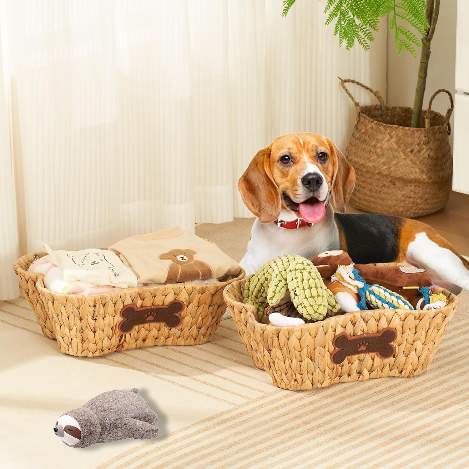ELONG HOME Wicker Basket for Pet Toys, 2 Pack Stylish and Natural Dog and Cat Toy Basket, Dog Storage Organizer with Bone Shape