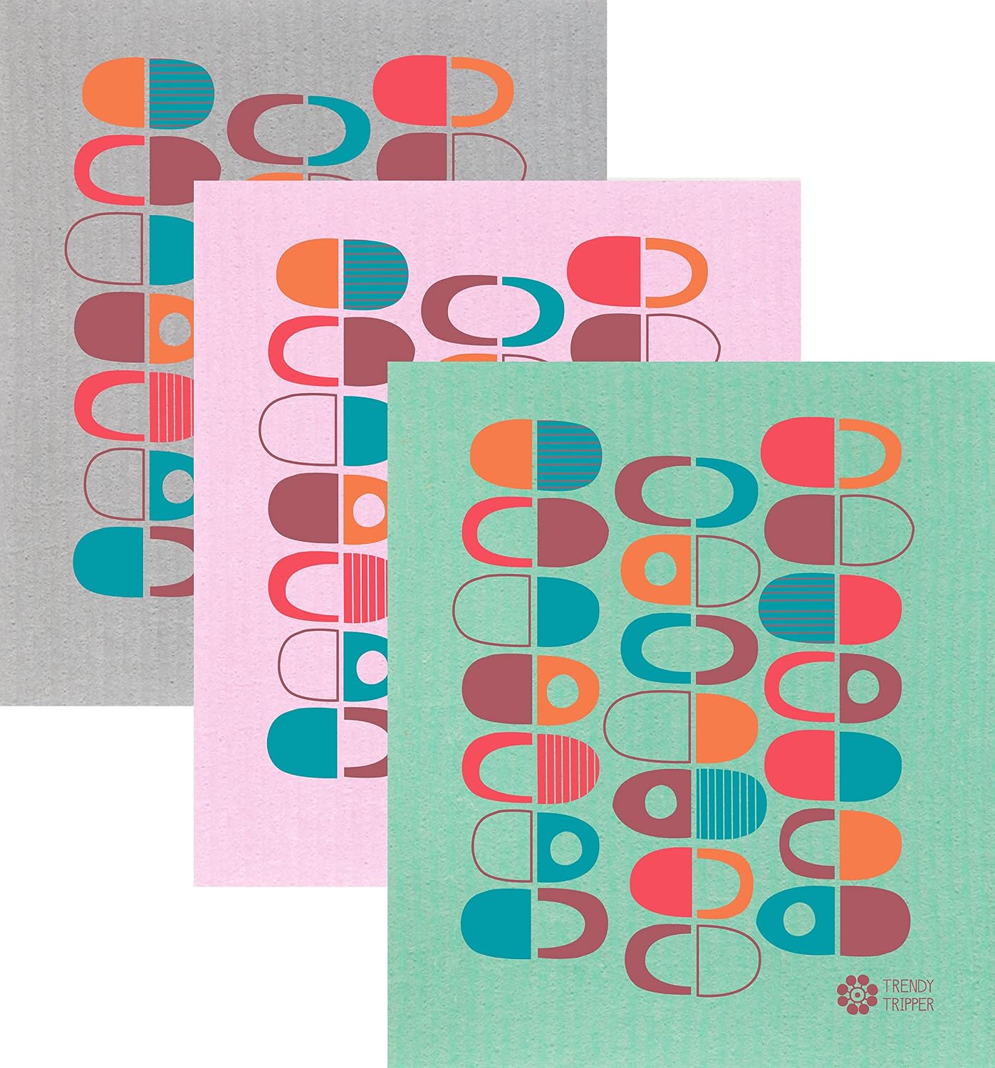 Trendy Tripper Reusable Swedish Dishcloths/Sponge Cloth MID-Century Modern Artist Series by Jenn Ski (Bordeaux Pods on Natural 3 Count)