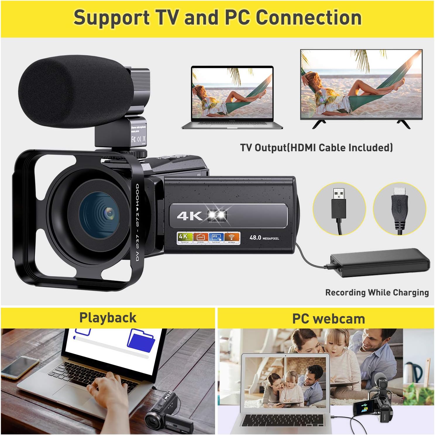 70% Off Discount 4K Video Camera WiFi Camcorder, Vlogging Camera 48MP 60FPS IR Night Vision IPS Touch Screen for YouTube, Digital Camera with 16X Digital Zoom, Microphone, Stabilizer, 2.4G Remote Control, 2 Batteries