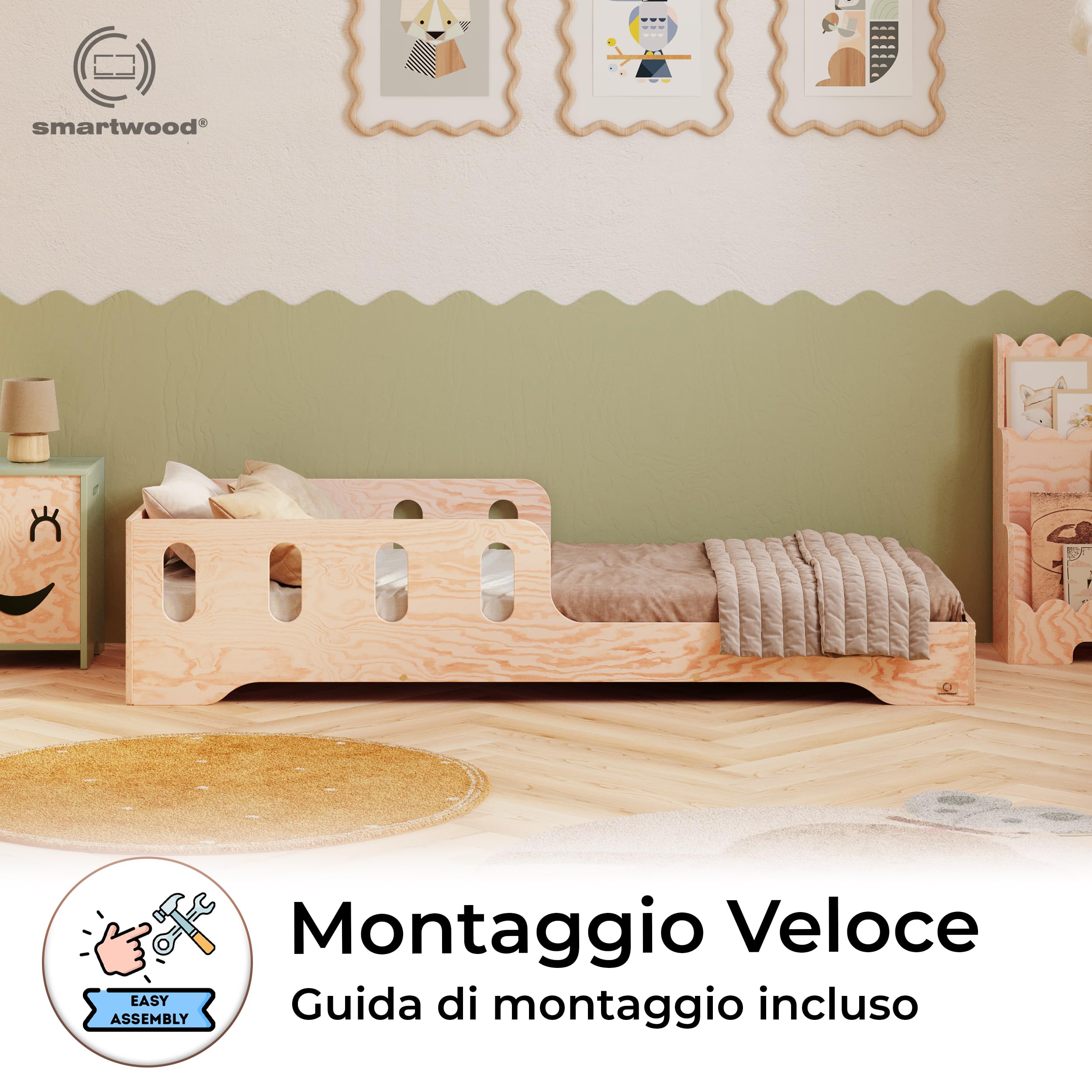 smartwood Letto Montessori Bambini 80x160 cm - Letto Singolo in Legno FSC con Sponda Anticaduta e Doghe Flessibili, portata 230 kg - Per Bambino e Bambina - Montaggio semplice TILA6