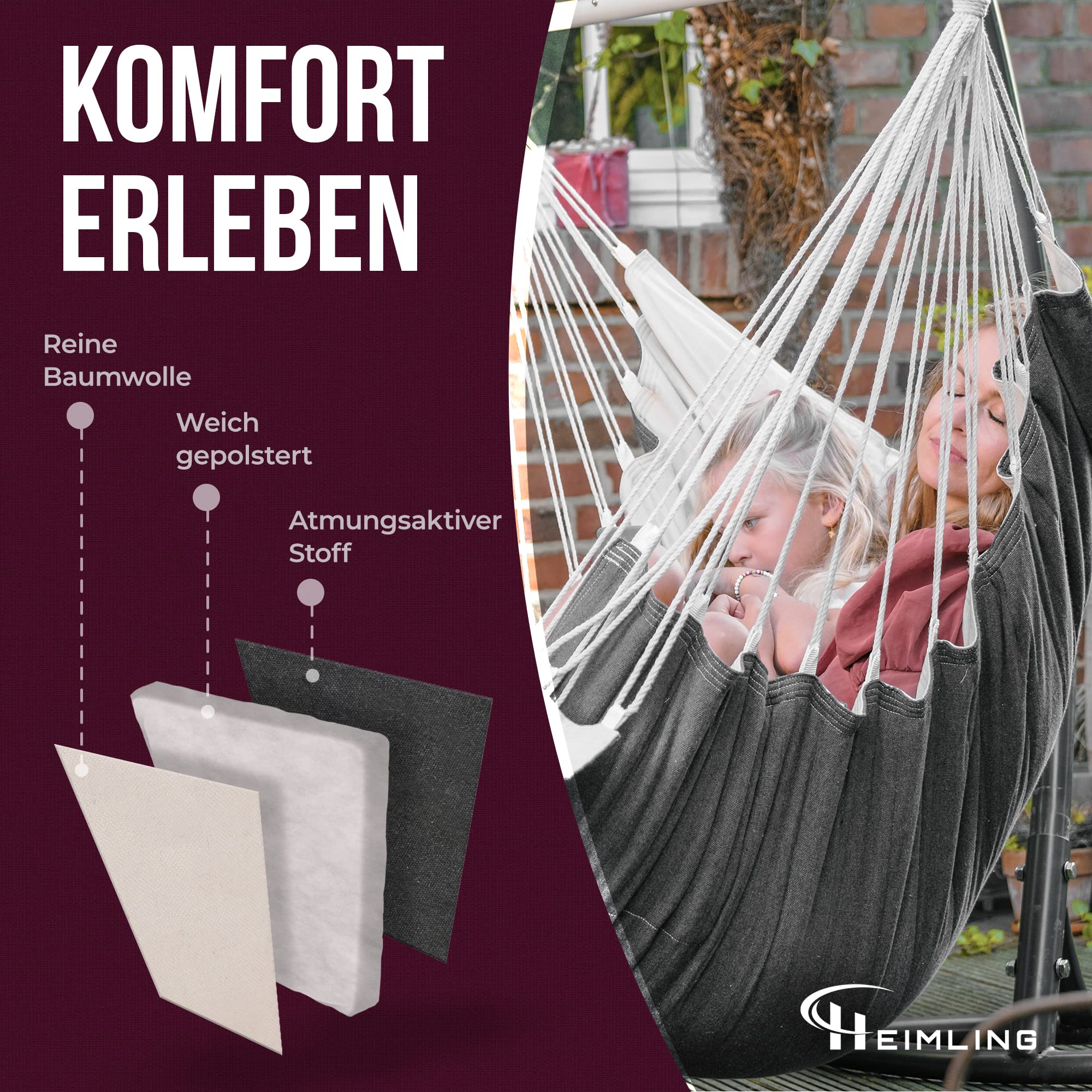 Heimling Fauteuil suspendu XXL haut de gamme pour intérieur et extérieur Paquet tout compris avec suspension + 3 coussins Salon, chambre à coucher