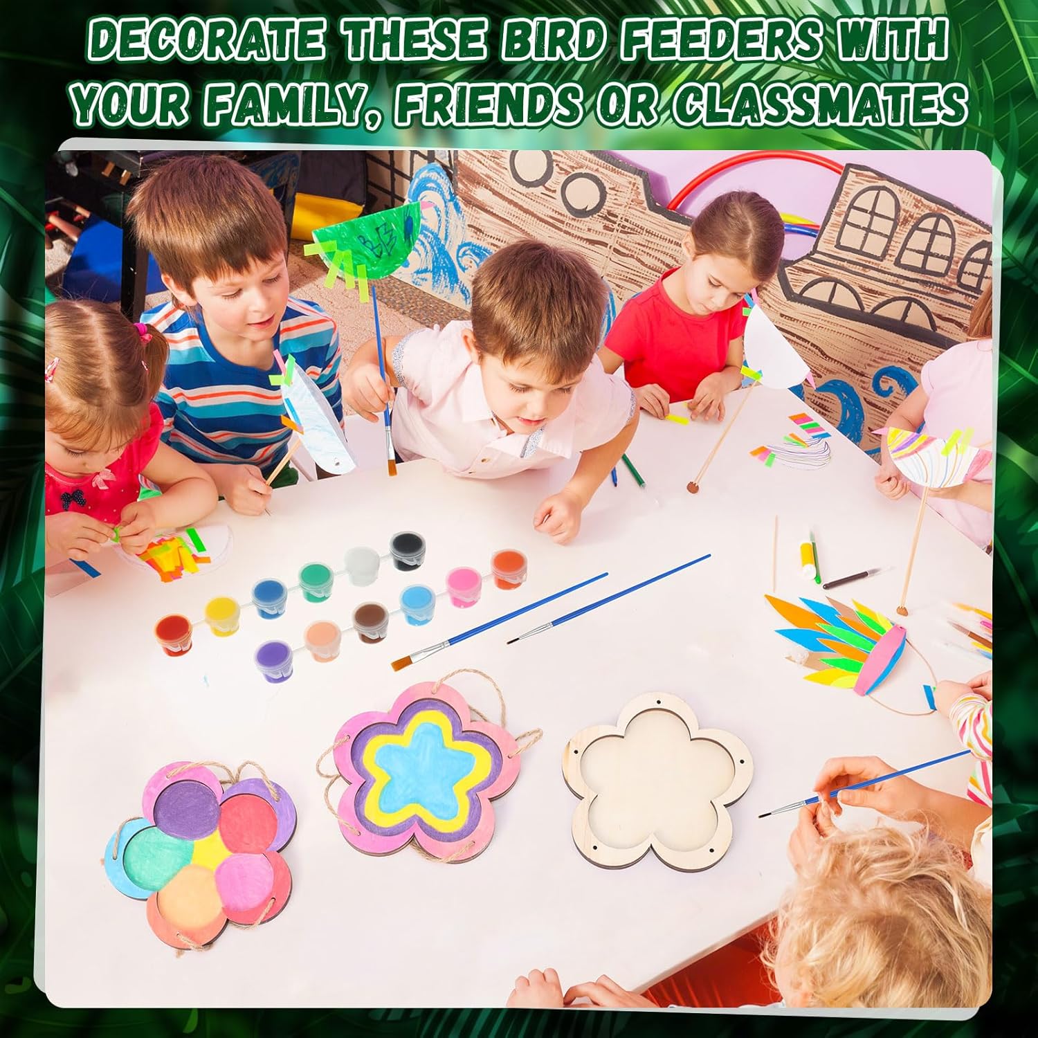 DoubleFill 24 Pcs DIY Bird Feeder Craft Kits for Kids, Flower Wooden Bird Feeders with Watercolor & Acrylic Diamonds for Fall Art Activity & DIY Project