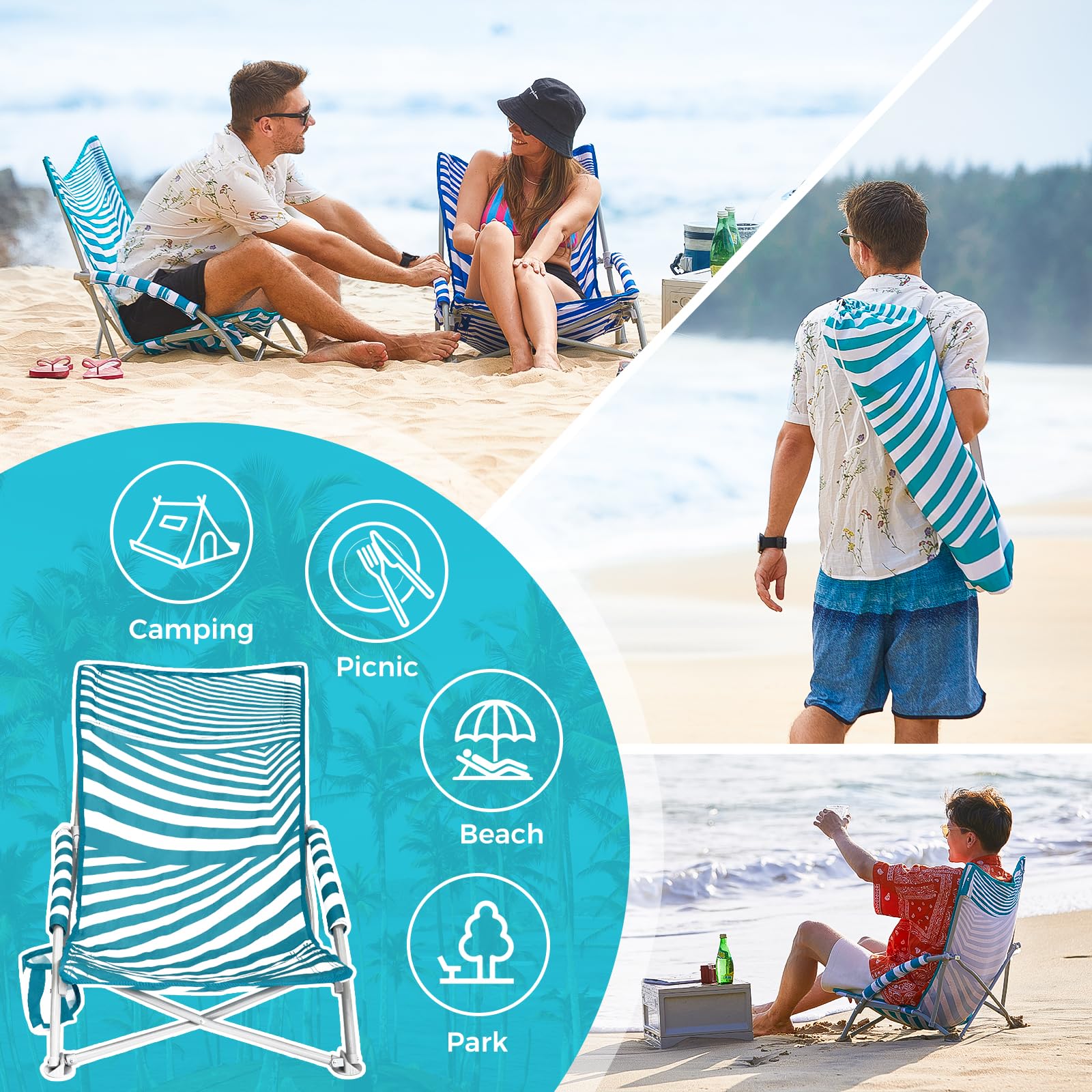 #WEJOY Chaises de Plage Basses pour Adultes - Chaise de Plage légère avec Porte-gobelet - Chaise de Plage Portable Robuste avec Sac de Transport pour extérieur, pelouse, Camping, Voyage, Pique-Nique,