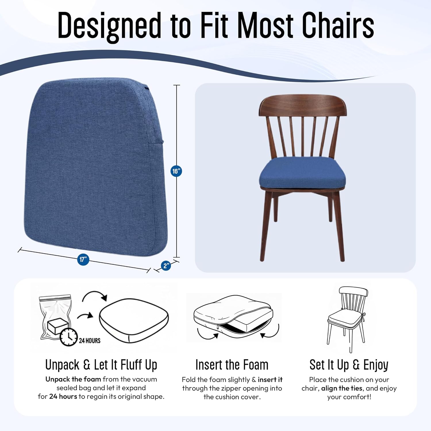 chair cushions for dining chairs - 17" x 16" x 2" d-shaped indoor seat cushions - non slip chair pads with removable ties and washable cover set of 2 - chair leg pads included - blue navy blue pack of 2