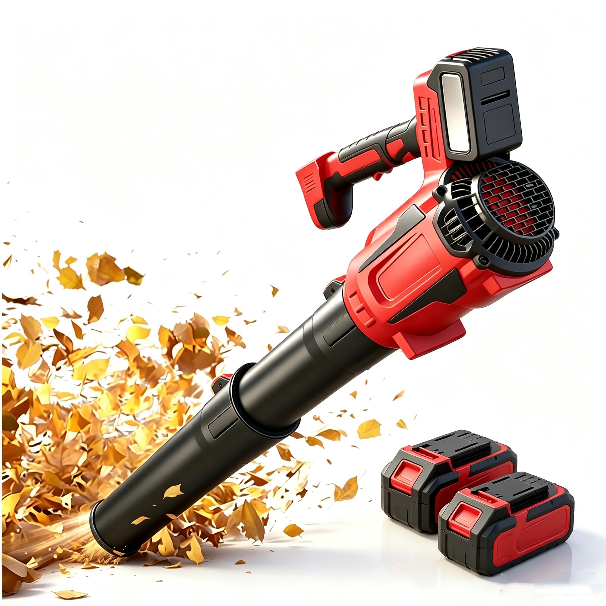 Soffiatore Per Foglie Da Giardino A Batteria, Aspiratore-trituratore Da 21v | con 2 batterie da 4000 mAh, 3 velocità, portata d'aria di 12 m³/min, 21.000 giri/min e 2 tipi di bocchette; per patii(red)