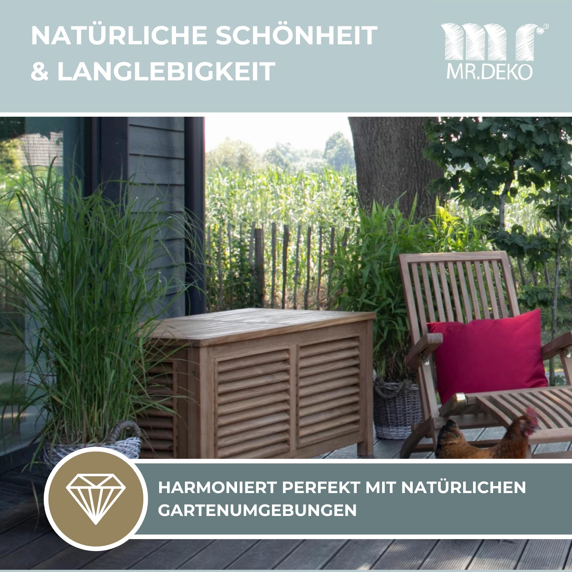 MR. DEKO Gartenbox Teak 430L | Balkon Aufbewahrung 124cm | Auflagenbox | Truhe wetterfest Outdoor