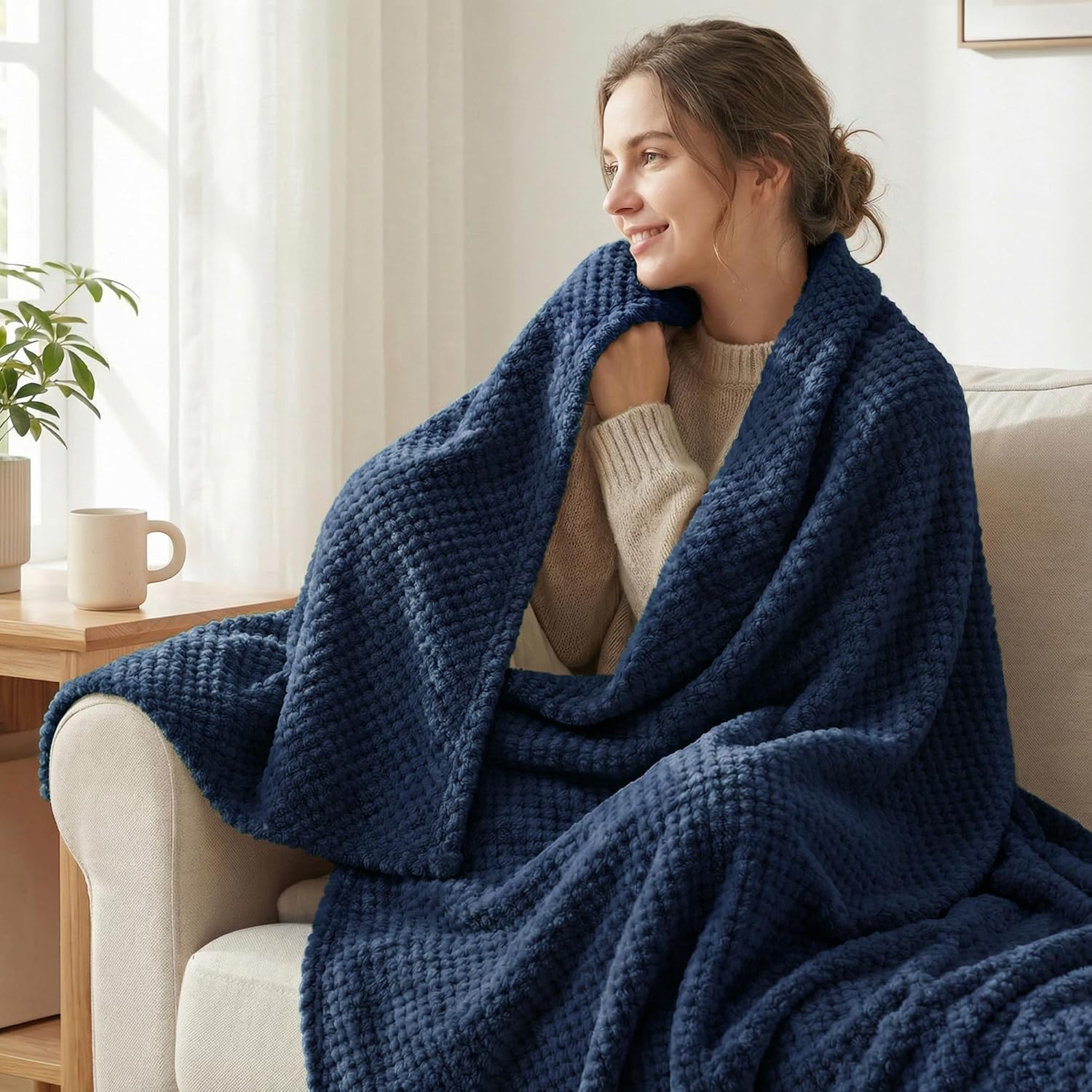 exclusivo mezcla fleece throw blanket extra large, super soft and warm blankets for couch, sofa and bed waffle textured, cozy, fuzzy and lightweight (navy blue, 50x70 inches) navy blue 50x70 in
