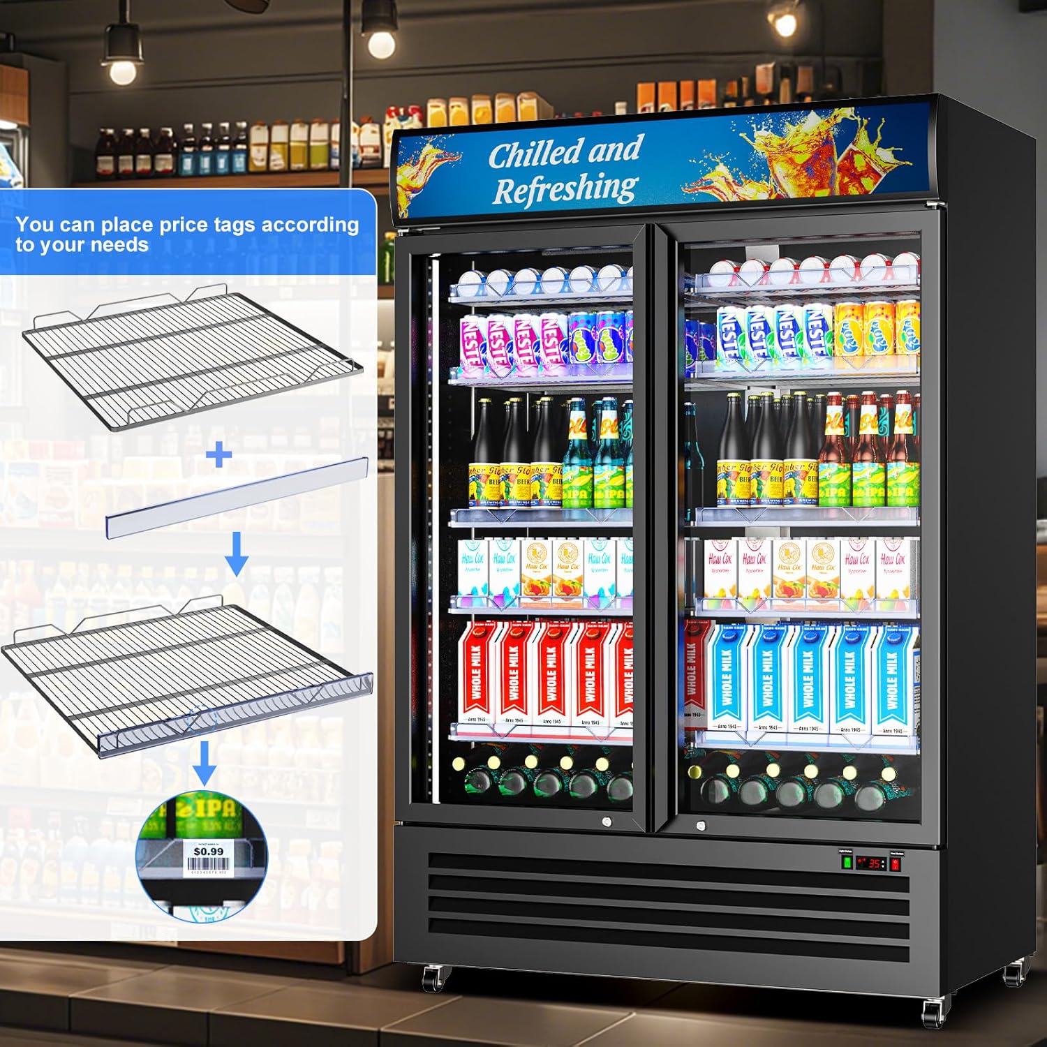 Commercial Beverage Refrigerator with 2 Glass Door, 383L Display Fridge Beverage Cooler with Customizable Lightbox Adjustable Shelves, Drink Fridge Merchandiser for Restaurant Shop, Black