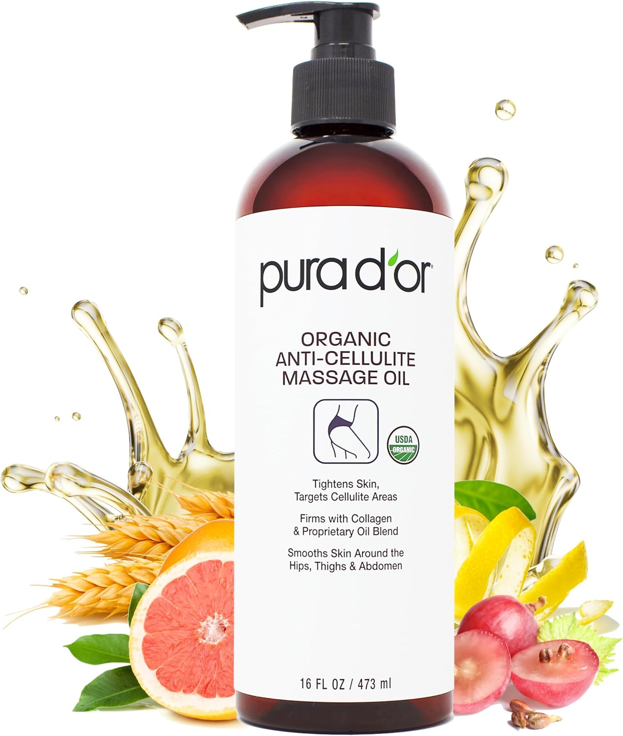 PURA D’OR 16 Oz Organic Anti-Cellulite Massage Oil for Toned Legs and Butt - Lemon Peel, Moringa, Grape Seed, Grapefruit & Eucalyptus Oils - Skin Firming & Tightening