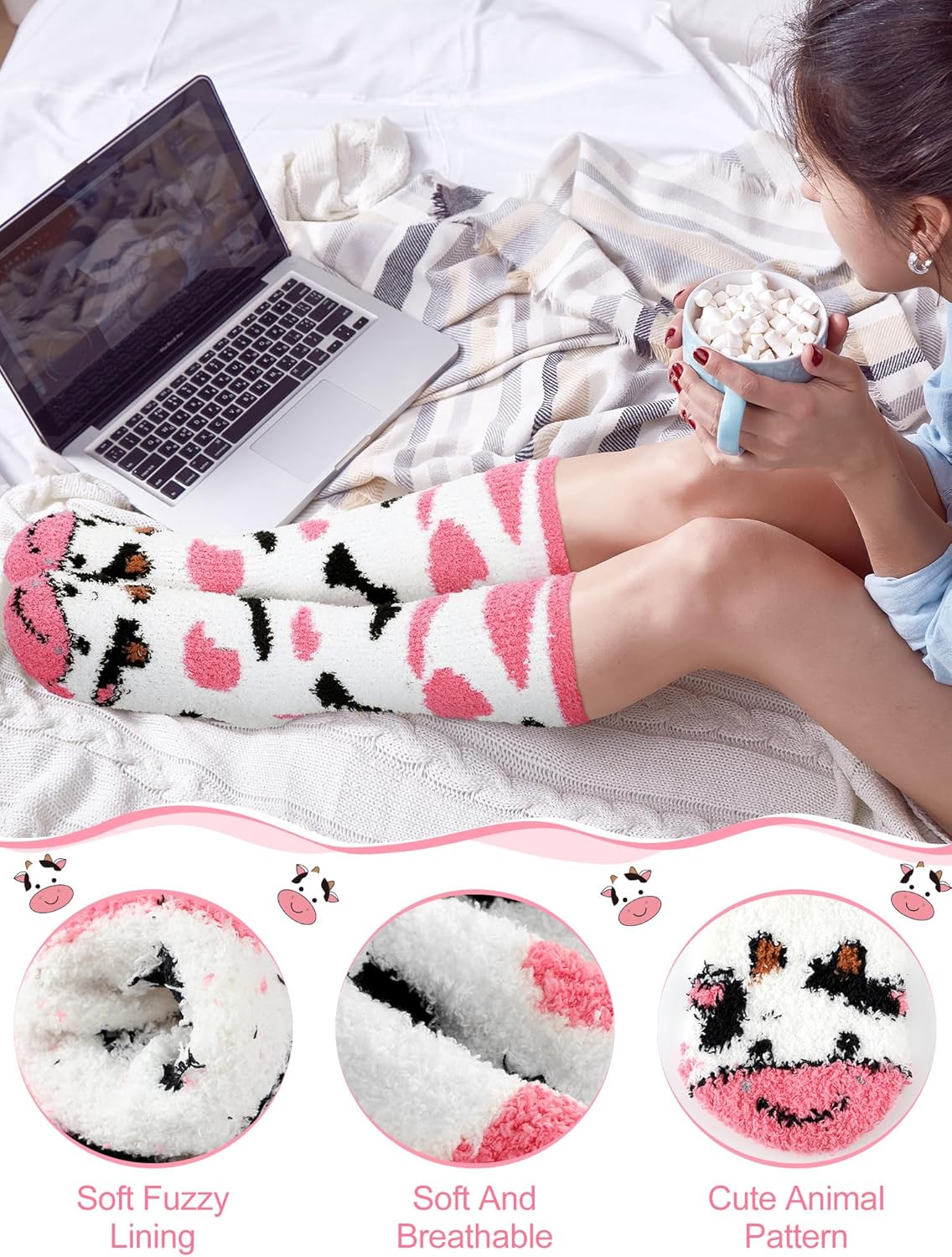 6 Pairs Women's Fuzzy Knee High Socks Fluffy Winter Thermal Cute Animal Long Socks Winter Warm Stocking Holiday Gifts - Image 2